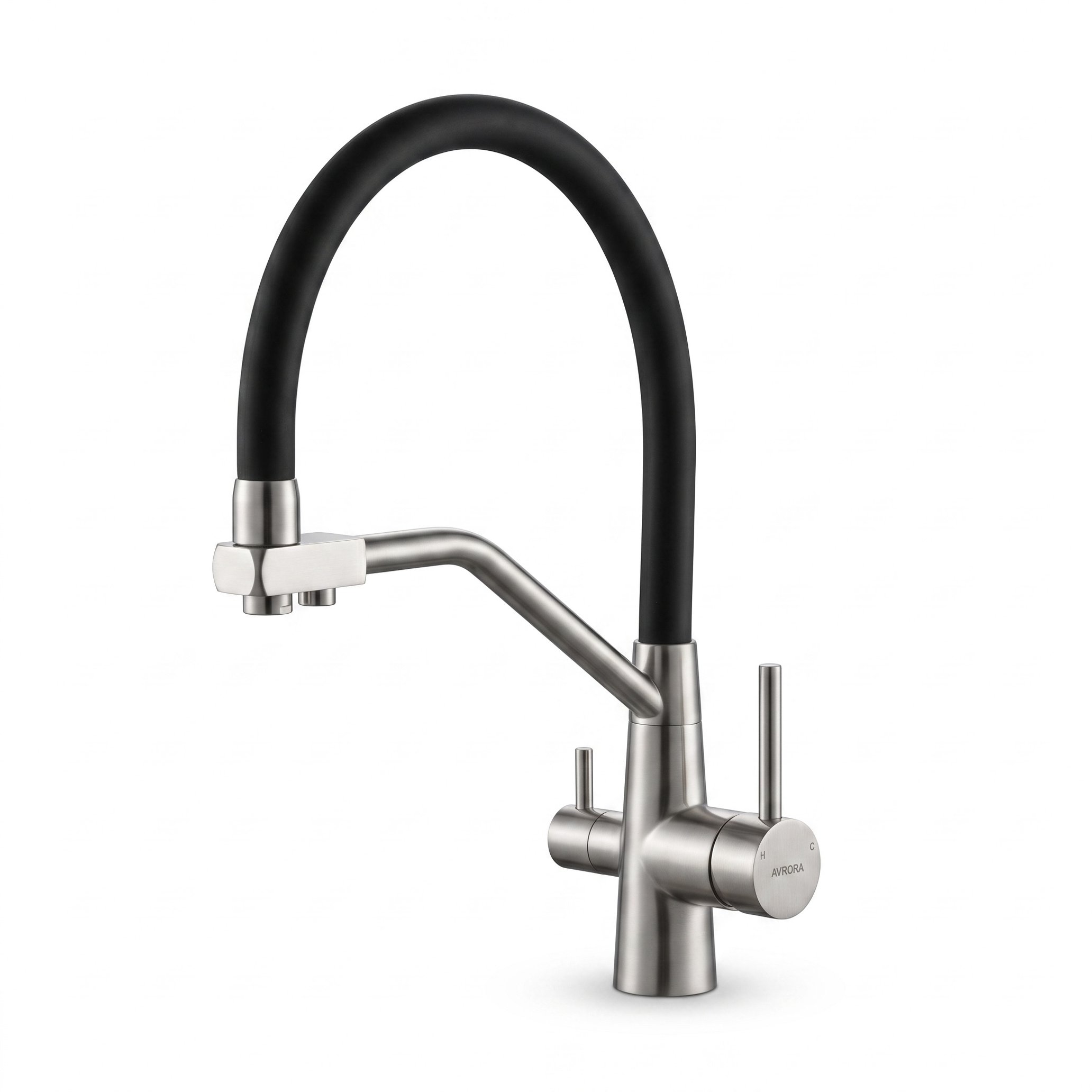 Смеситель для кухни с подключением фильтра KITCHEN  AV9006SB с гибким изливом, цвет нержавеющая сталь, цвет излива чёрный