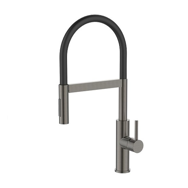 Смеситель для кухни KITCHEN  AV9014GM с гибким изливом, цвет оружейная сталь, цвет излива чёрный