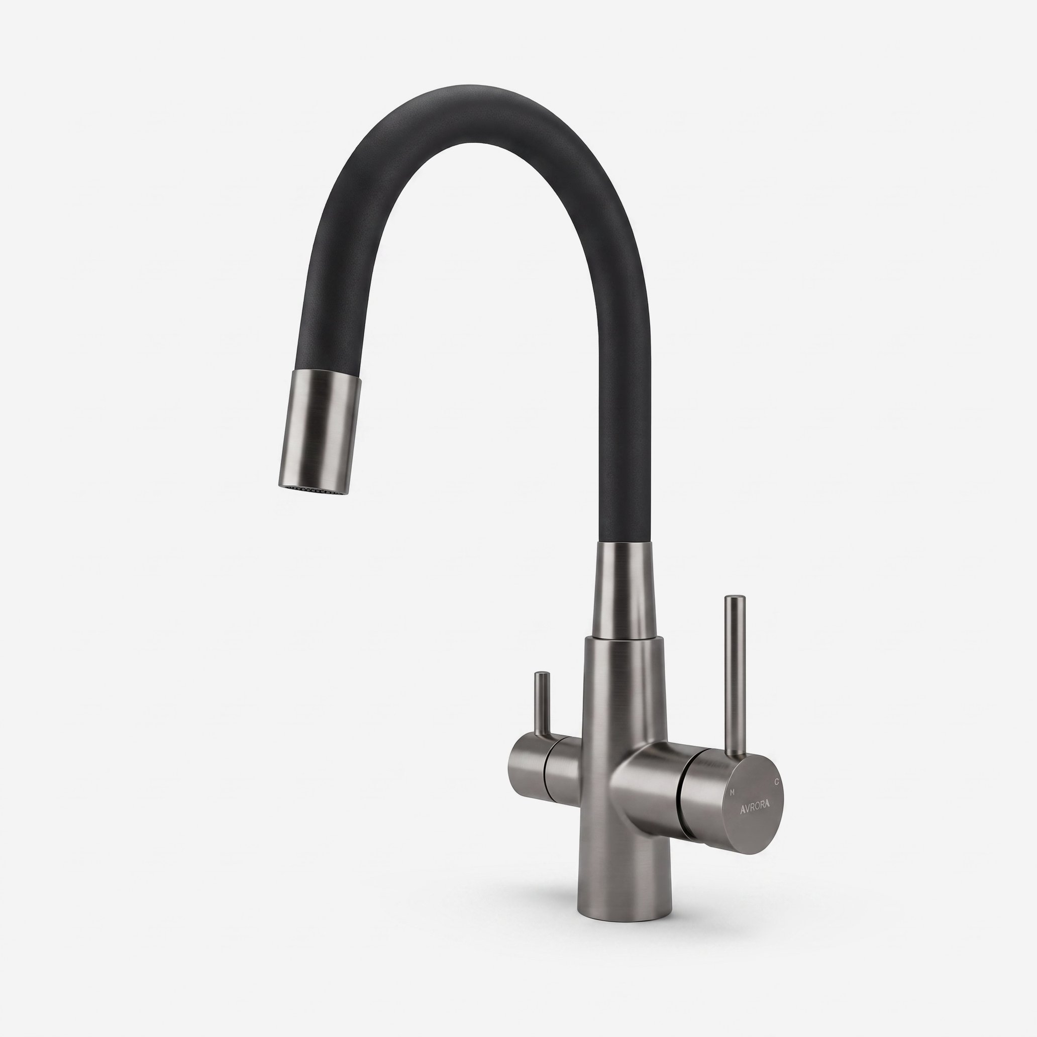 Смеситель для кухни с подключением фильтра KITCHEN  AV9008GM с гибким изливом, цвет оружейная сталь, цвет излива чёрный