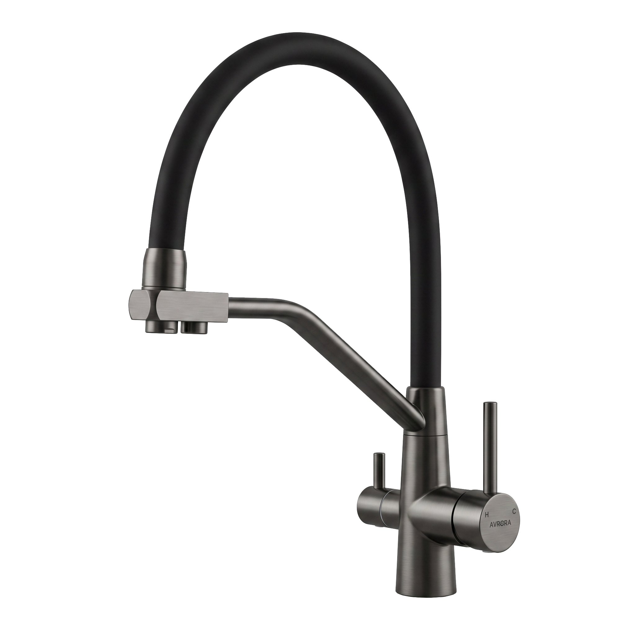 Смеситель для кухни с подключением фильтра KITCHEN  AV9006GM с гибким изливом, цвет оружейная сталь, цвет излива чёрный