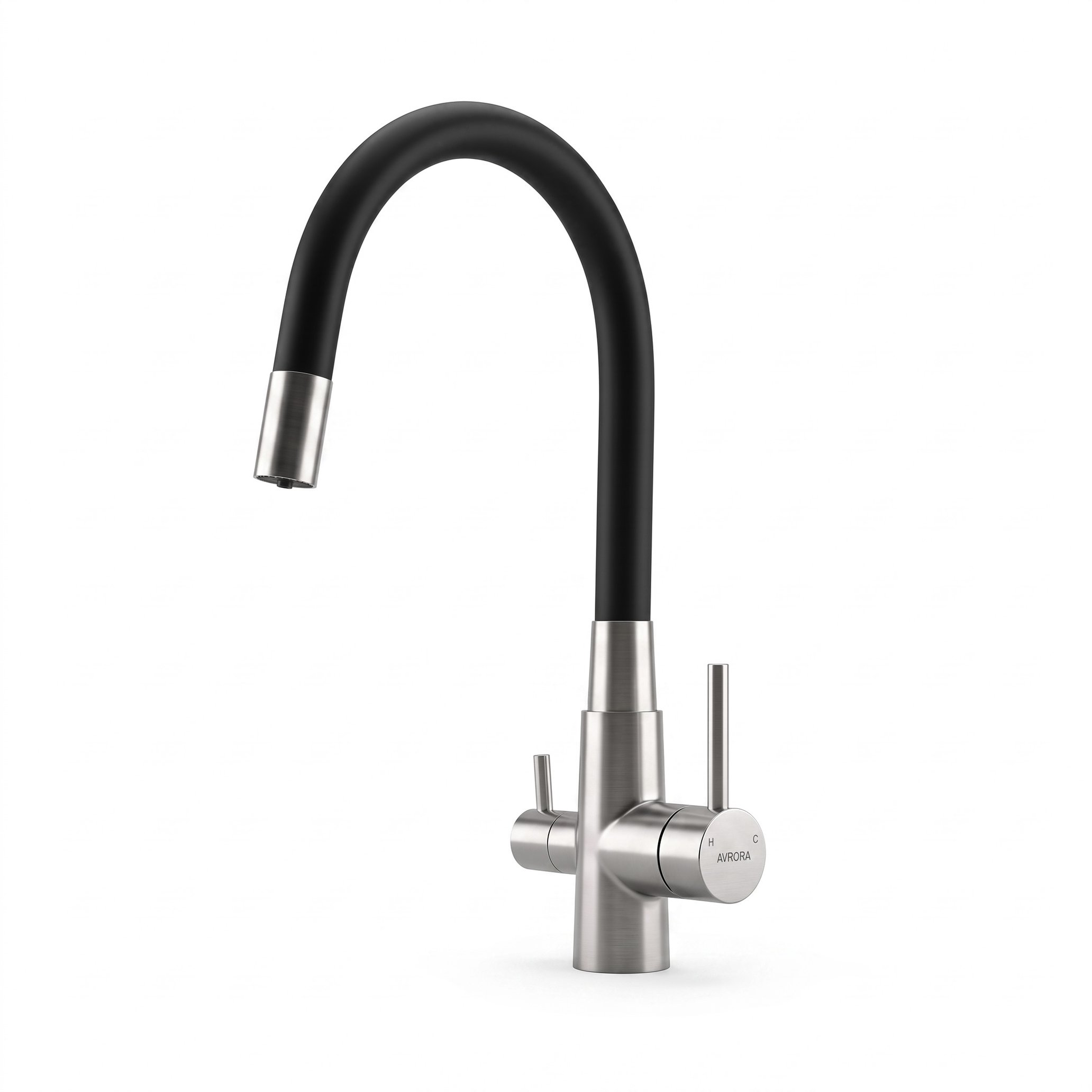 Смеситель для кухни с подключением фильтра KITCHEN  AV9008S с гибким изливом, цвет нержавеющая сталь, цвет излива чёрный