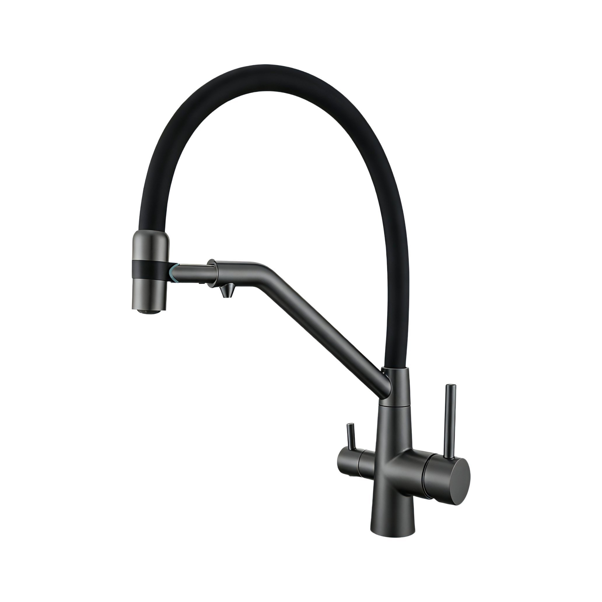 Смеситель для кухни с подключением фильтра KITCHEN  AV9009GM с гибким изливом, цвет оружейная сталь, цвет излива чёрный