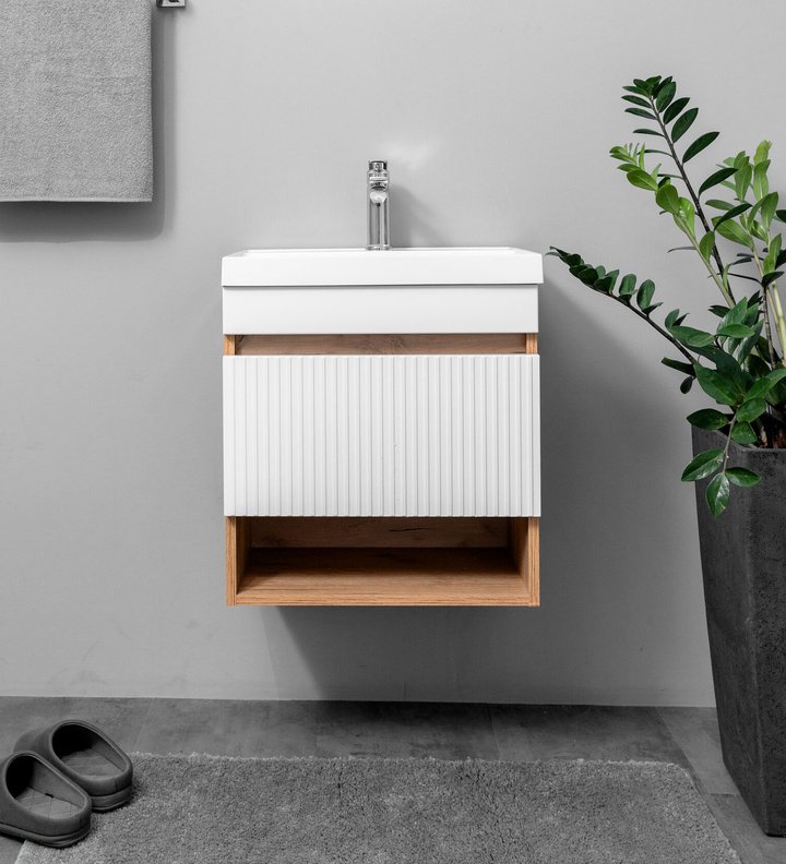 Fresco 50 комплект мебели подвесной c ящиком МДФ, ниша внизу (под Слим 50/Altais 35), цвет Белый+Дуб крафт Fr-T50FrW/KPWdr