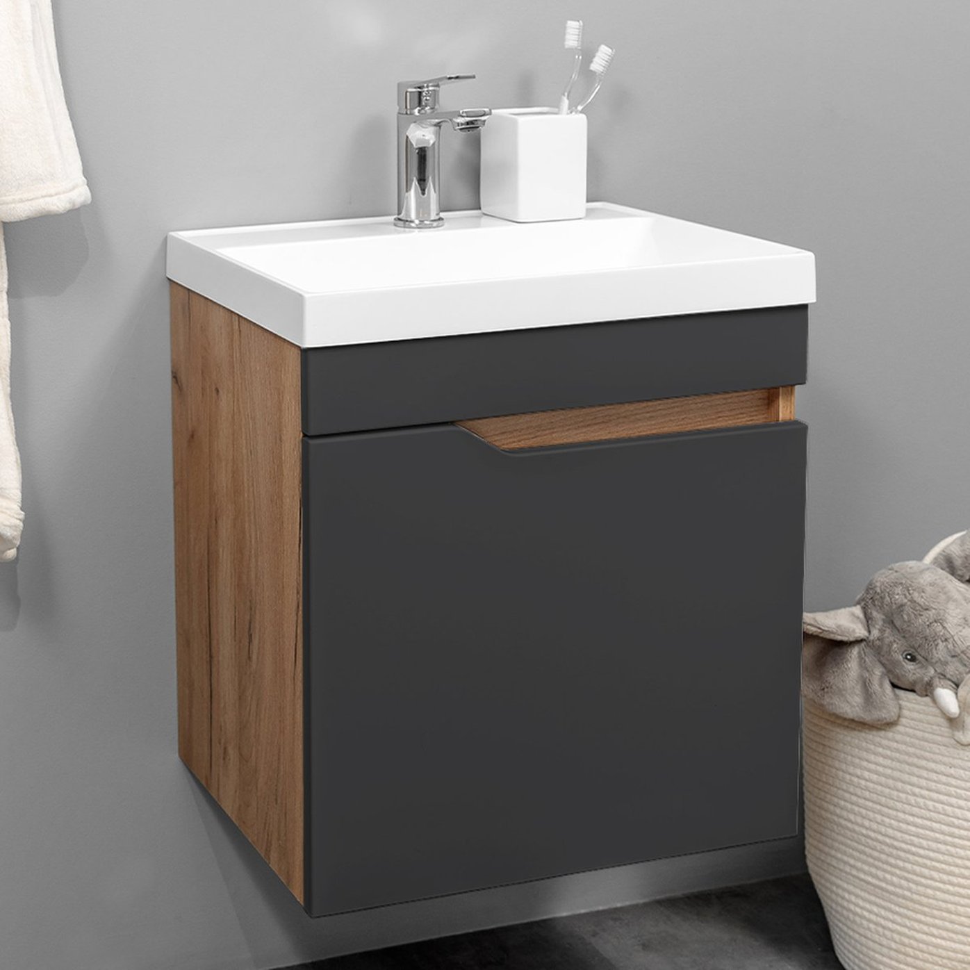 ФОРТУНА 50 Комплект мебели подвесной, дверь с вырезом (под Слим 50/Альтаис 35), цвет Графит+Крафт FT-S-T50Gr/PW