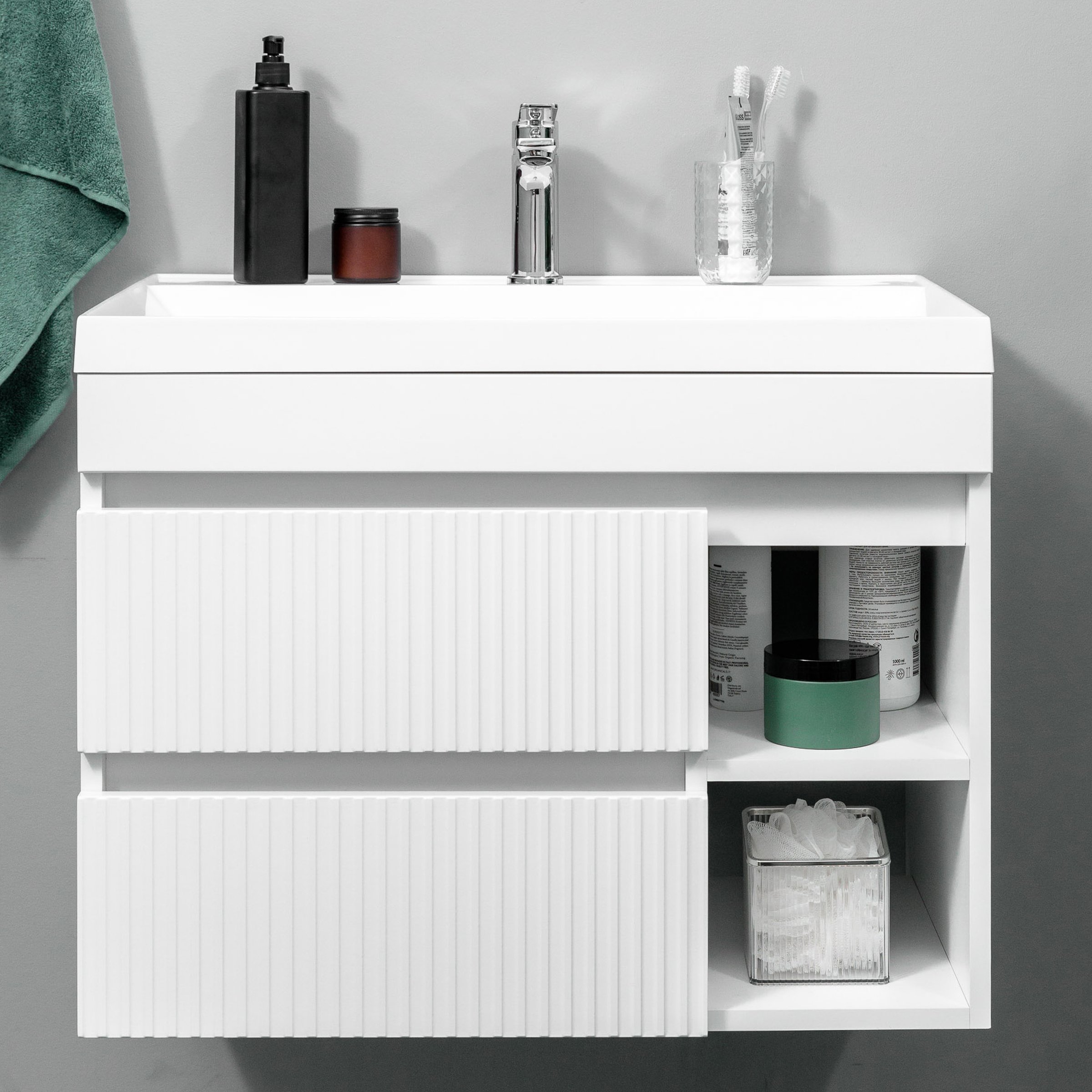 ПУРО 70 Комплект мебели подвесной c 2 ящиками, фасад МДФ с фрезеровкой и нишами (тумба + раковина Альтаис 70), Белый PU-T70-W