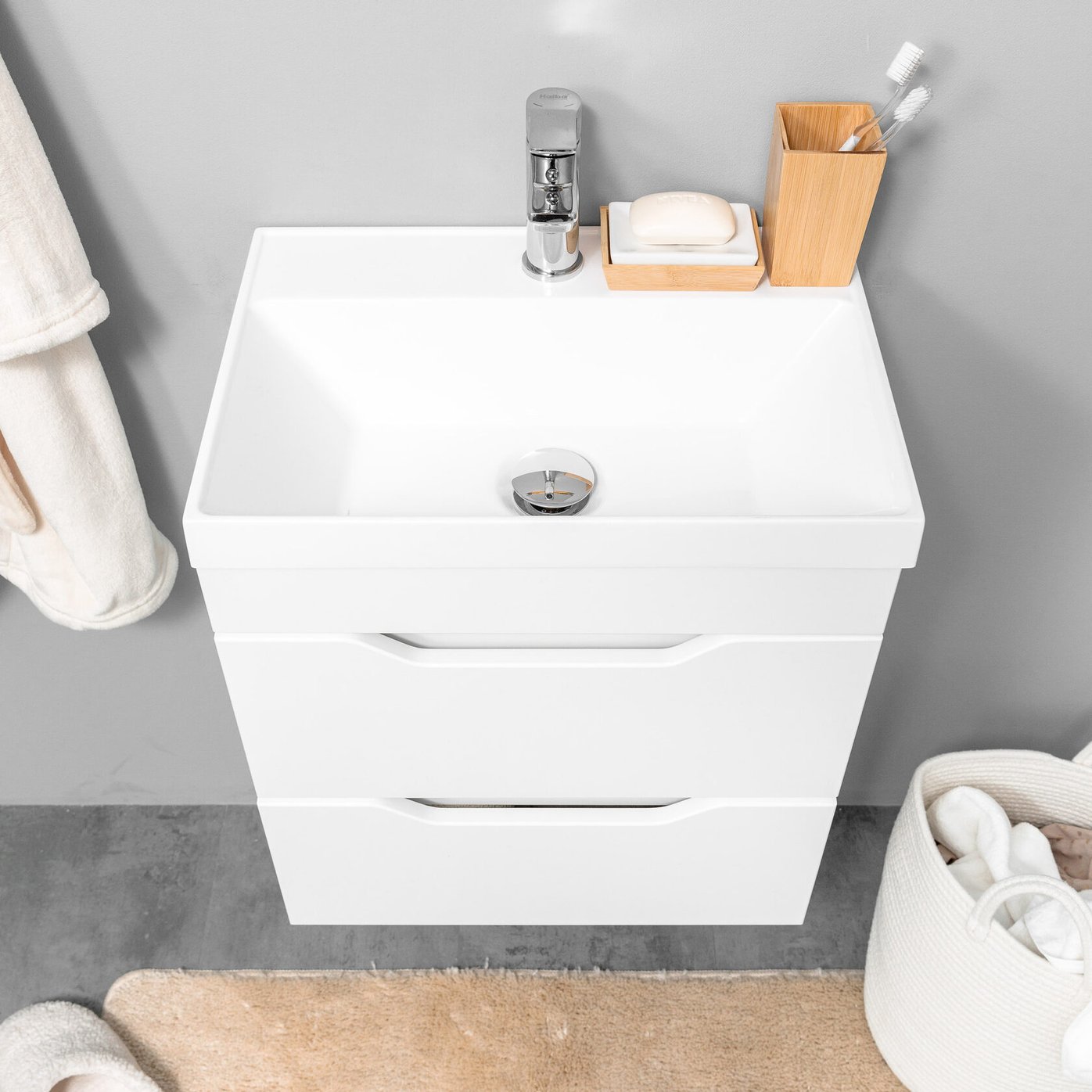 АРОНА 50 Комплект мебели подвесной с ящиками, фасад МДФ с вырезами (под Слим 50/Альтаис 35), Белый AR-T50-Wdr