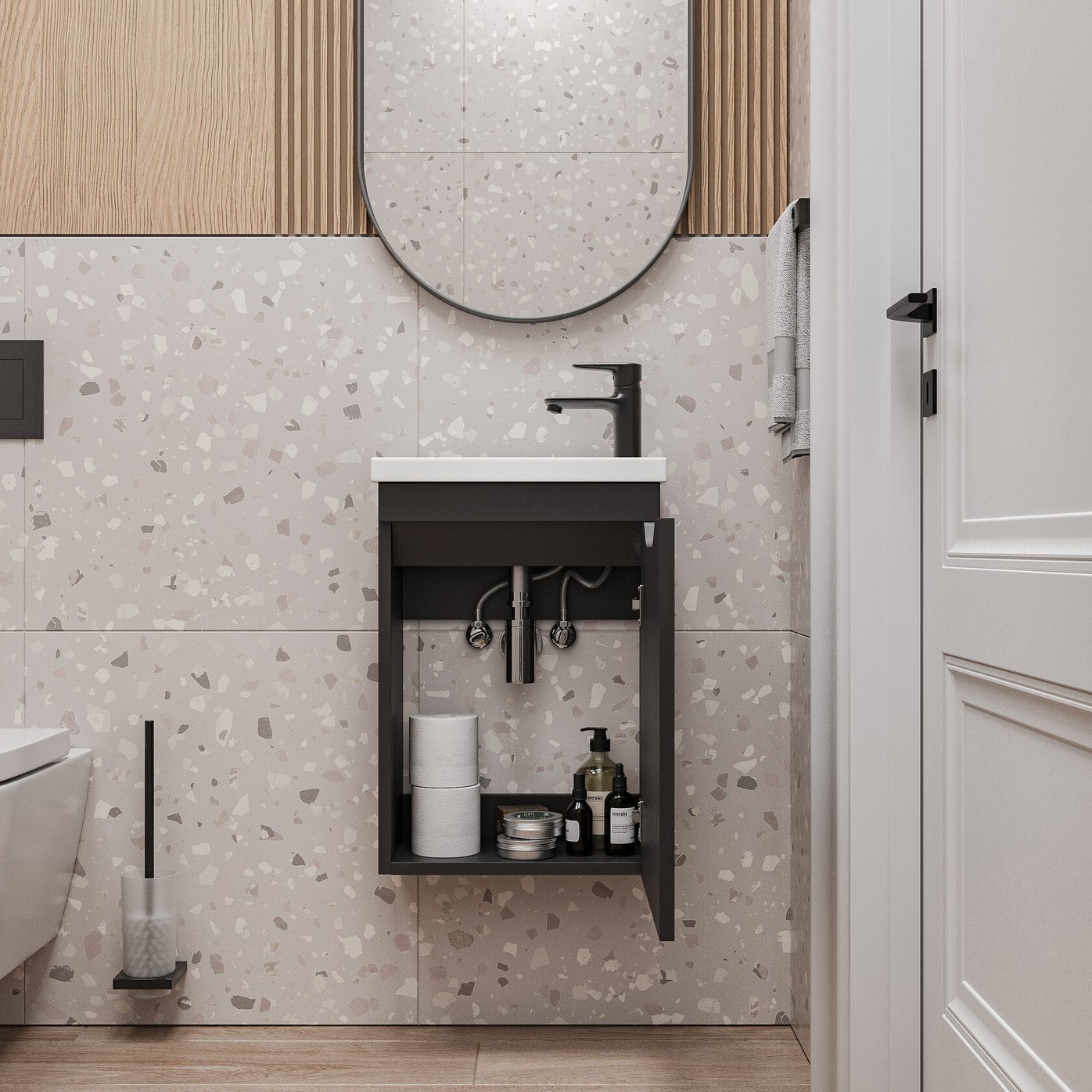 ИЗЕО 40 комплект мебели подвесной с дверцей (тумба + раковина Квадро 40) цвет Черный IZ-T40BSh-V