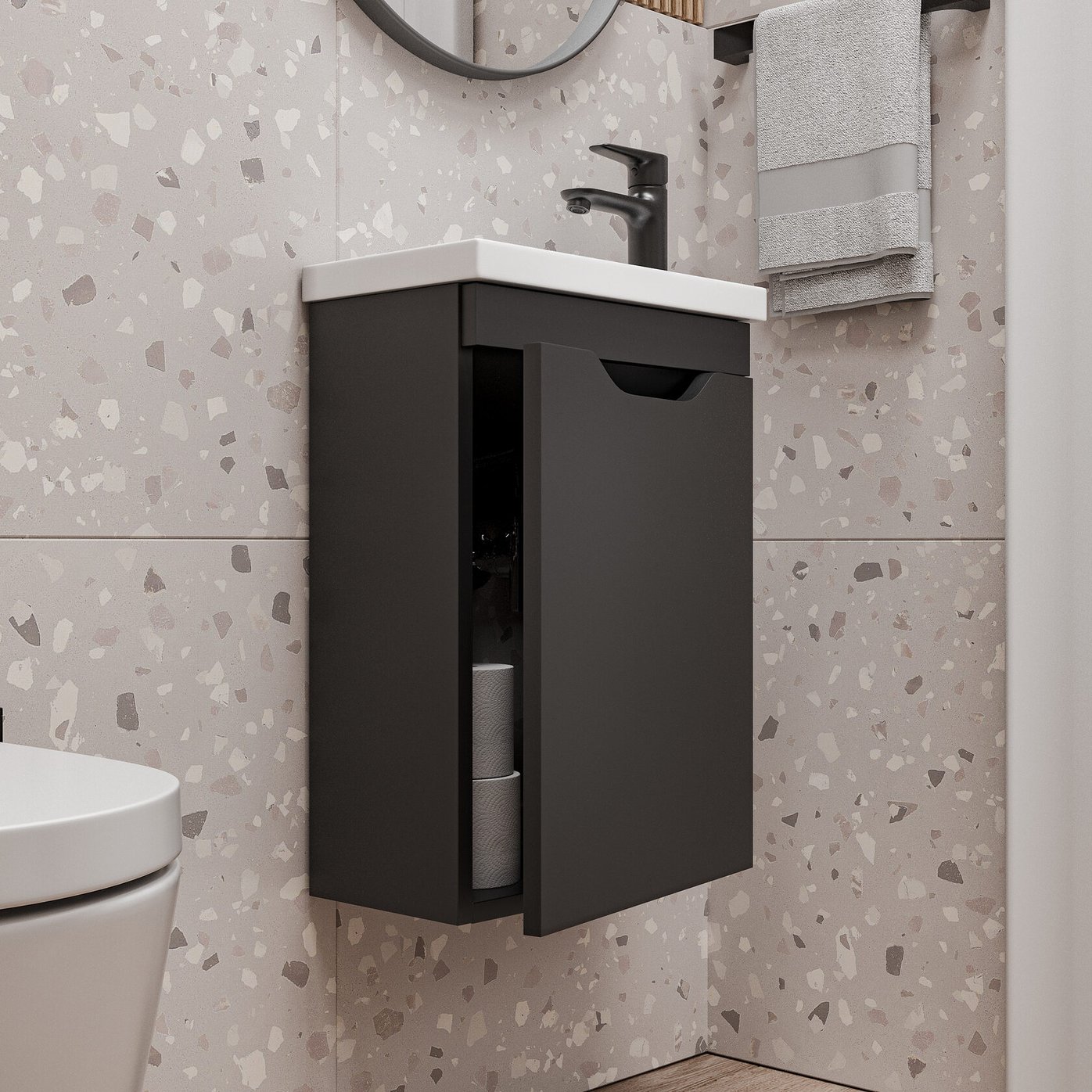 ИЗЕО 40 комплект мебели подвесной с дверцей (тумба + раковина Квадро 40) цвет Черный IZ-T40BSh-V