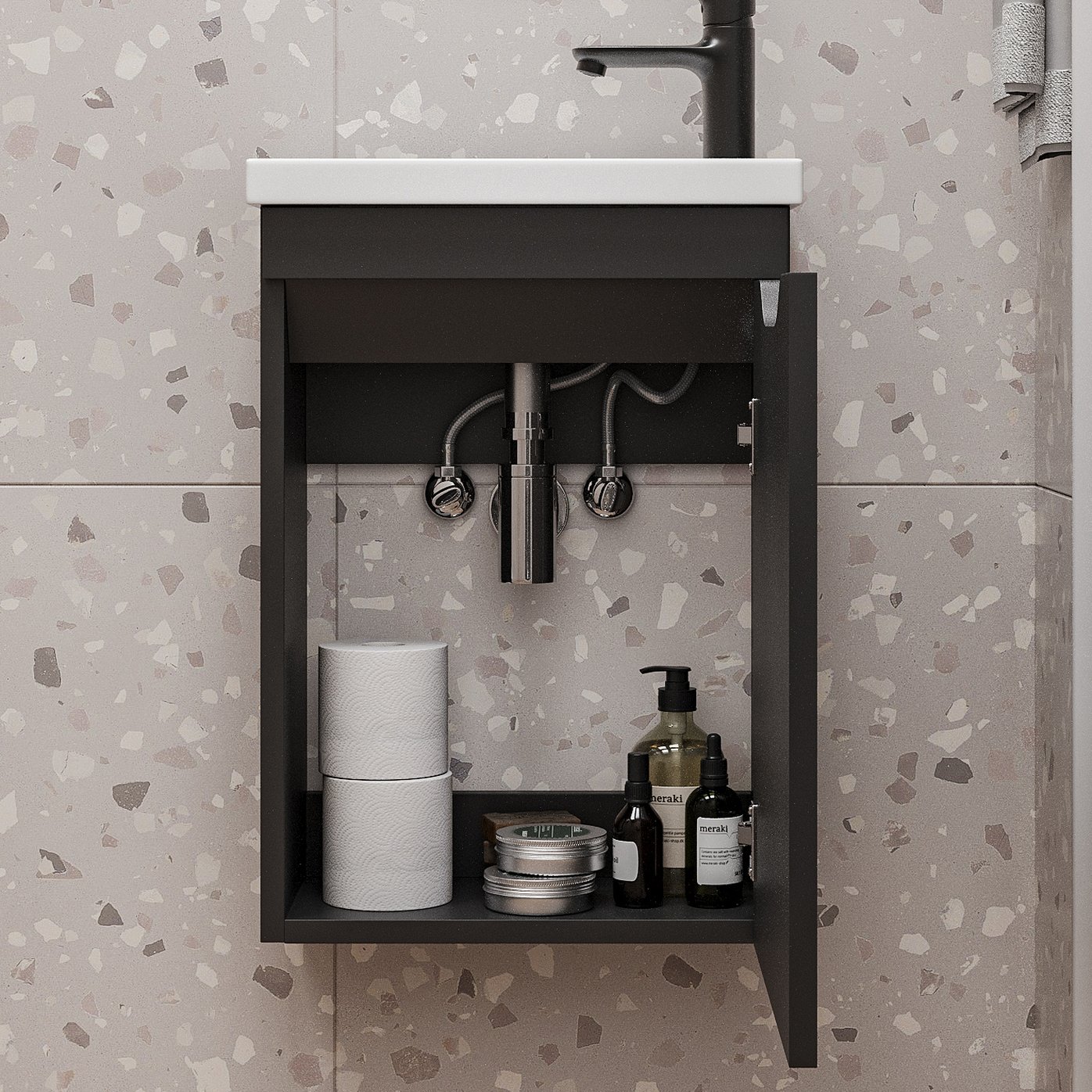 ИЗЕО 40 комплект мебели подвесной с дверцей (тумба + раковина Квадро 40) цвет Черный IZ-T40BSh-V