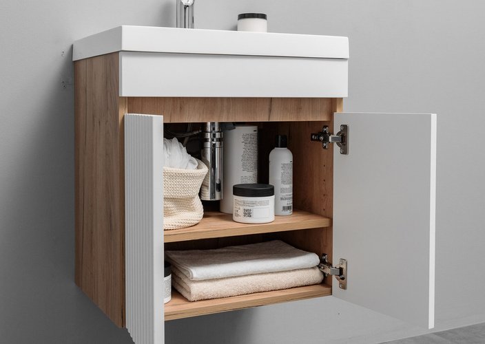 TENNO 50 Комплект мебели подвесной с раковиной Слим 50/Altais 35, Белый + Дуб крафт золотой