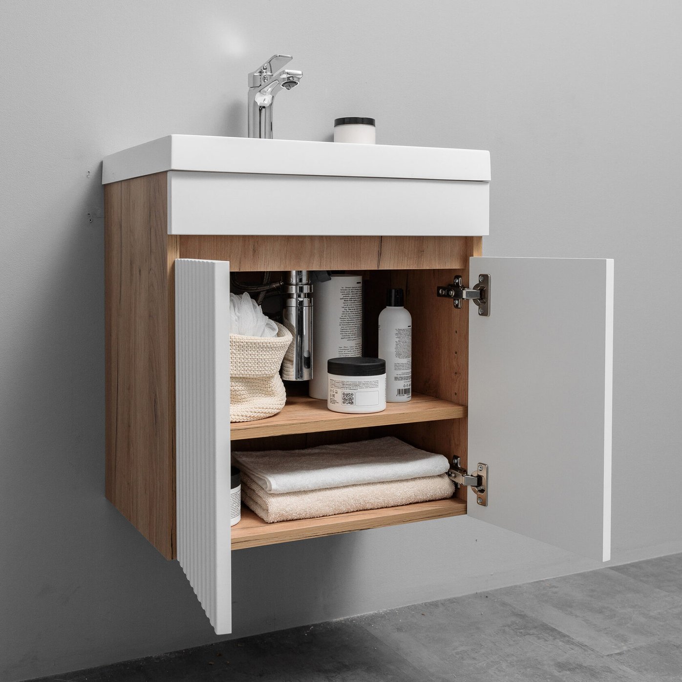 ТЕННО 50 Комплект мебели подвесной с раковиной Слим 50/Альтаис 35, Белый + Дуб крафт золотой