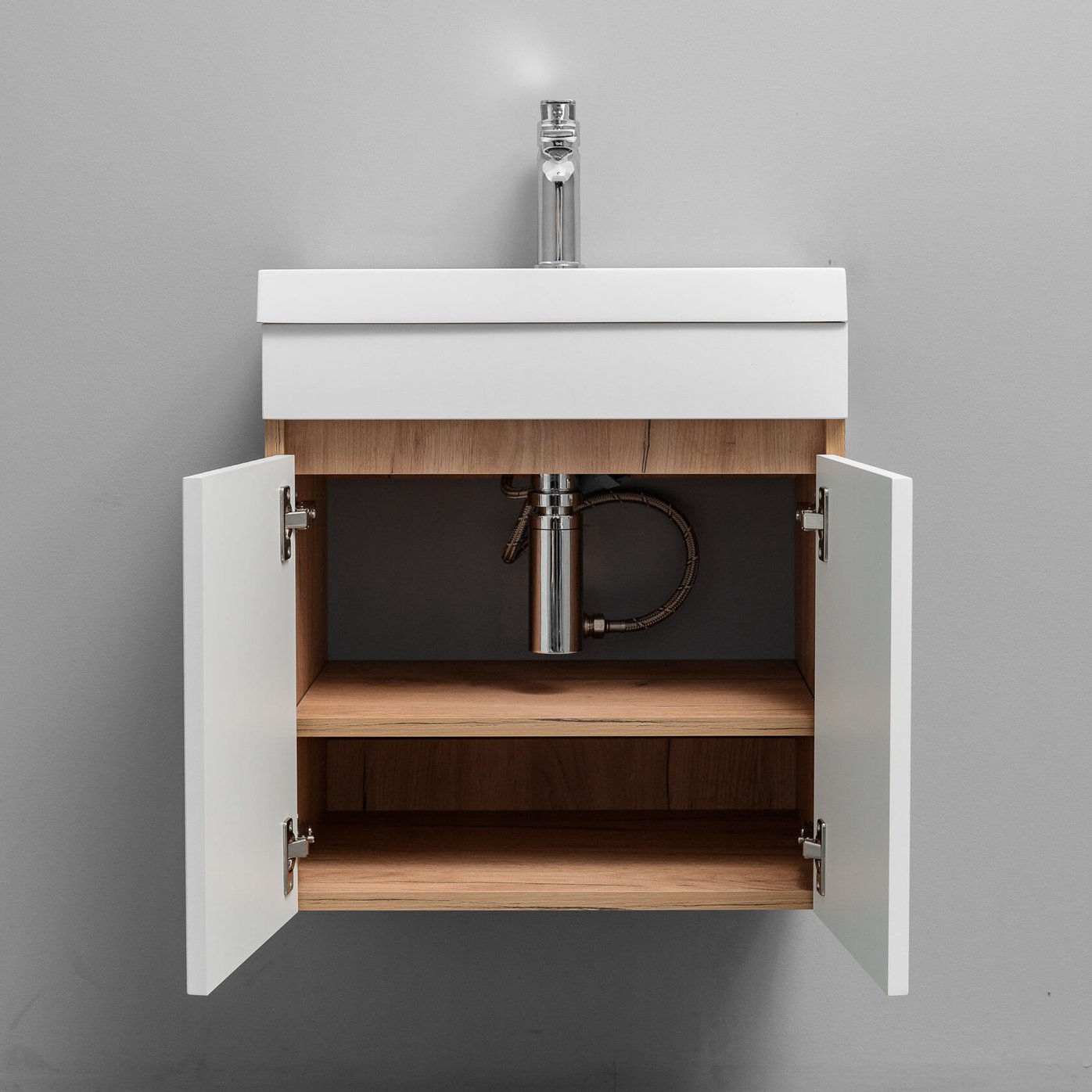 ТЕННО 50 Комплект мебели подвесной с раковиной Слим 50/Альтаис 35, Белый + Дуб крафт золотой