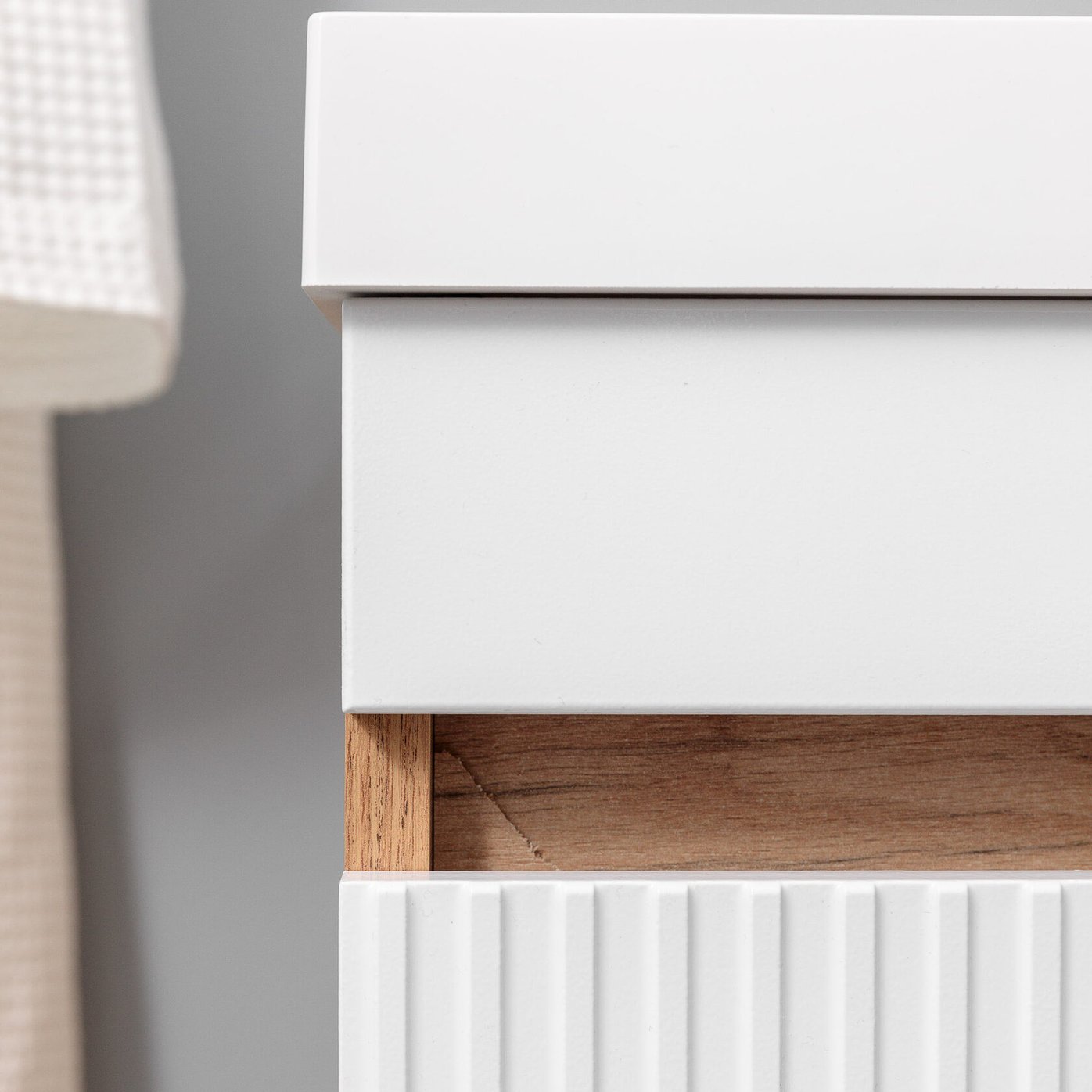 ПУРО 60 комплект, подвесной с 2 ящиками, фасад фрезерованный с нишами (под Астория), цвет Белый/Дуб крафт PU-T60-W/PW