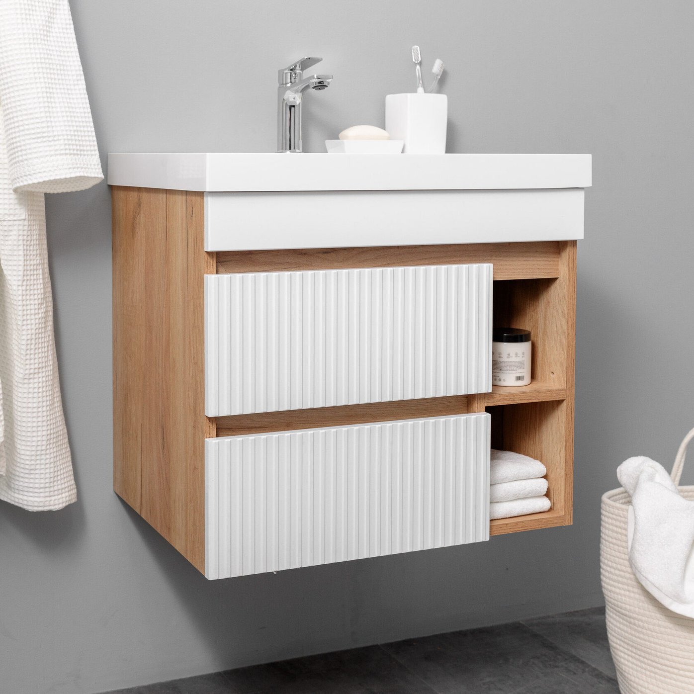 ПУРО 60 комплект, подвесной с 2 ящиками, фасад фрезерованный с нишами (под Астория), цвет Белый/Дуб крафт PU-T60-W/PW