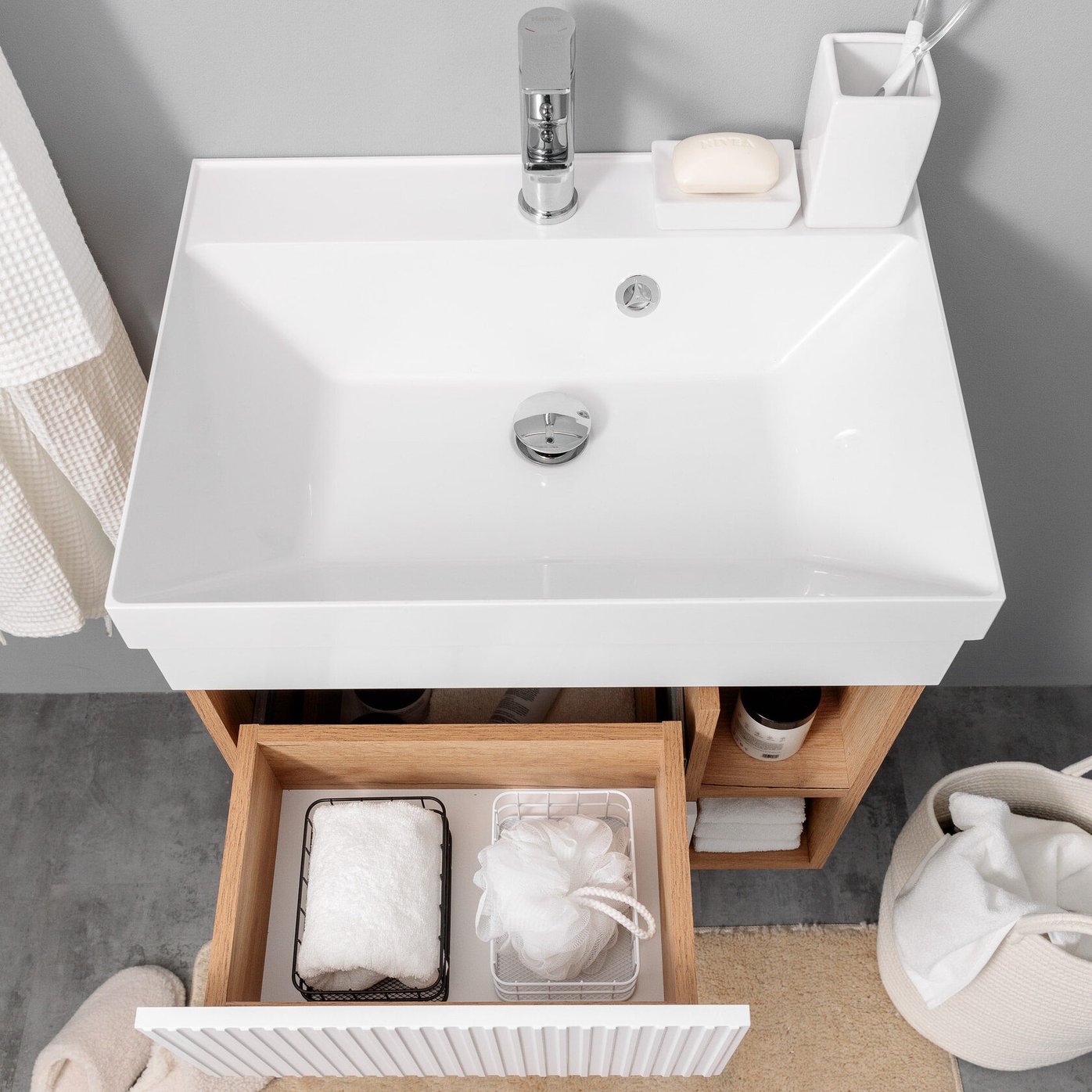 ПУРО 60 комплект, подвесной с 2 ящиками, фасад фрезерованный с нишами (под Астория), цвет Белый/Дуб крафт PU-T60-W/PW