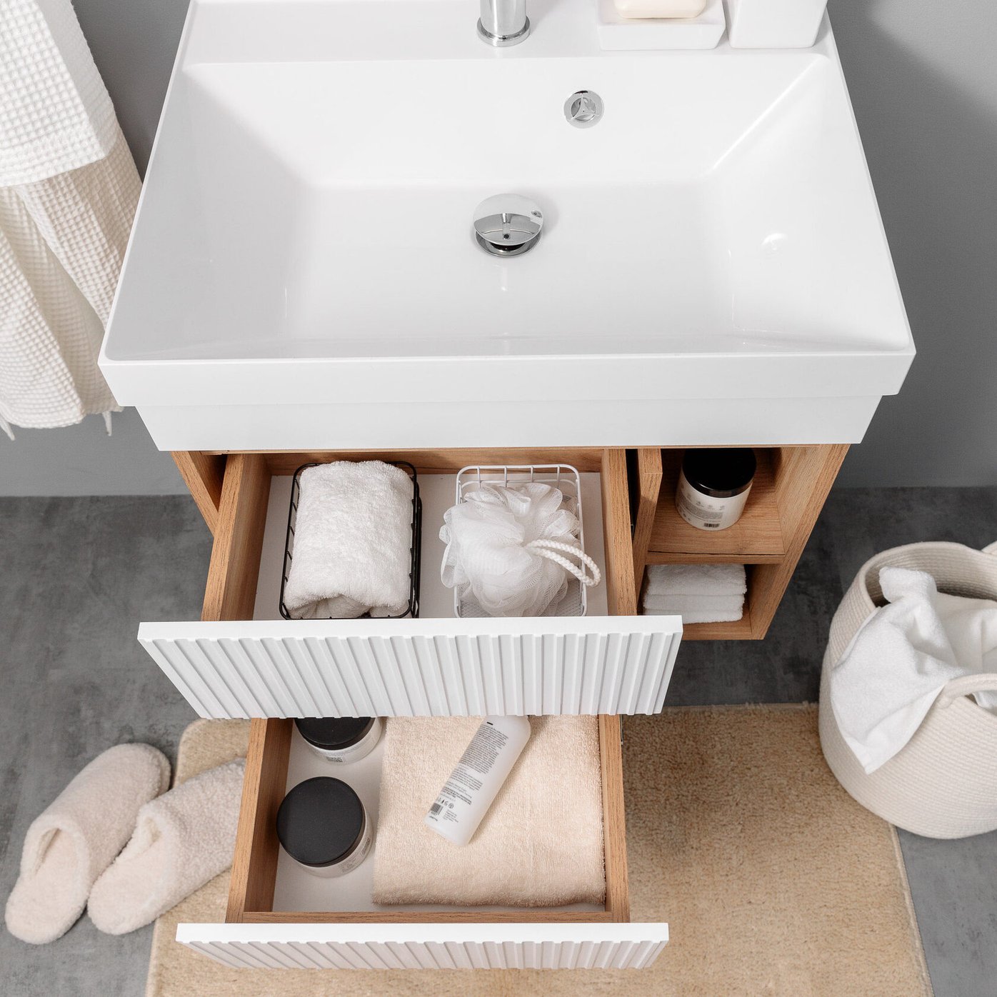 ПУРО 60 комплект, подвесной с 2 ящиками, фасад фрезерованный с нишами (под Астория), цвет Белый/Дуб крафт PU-T60-W/PW