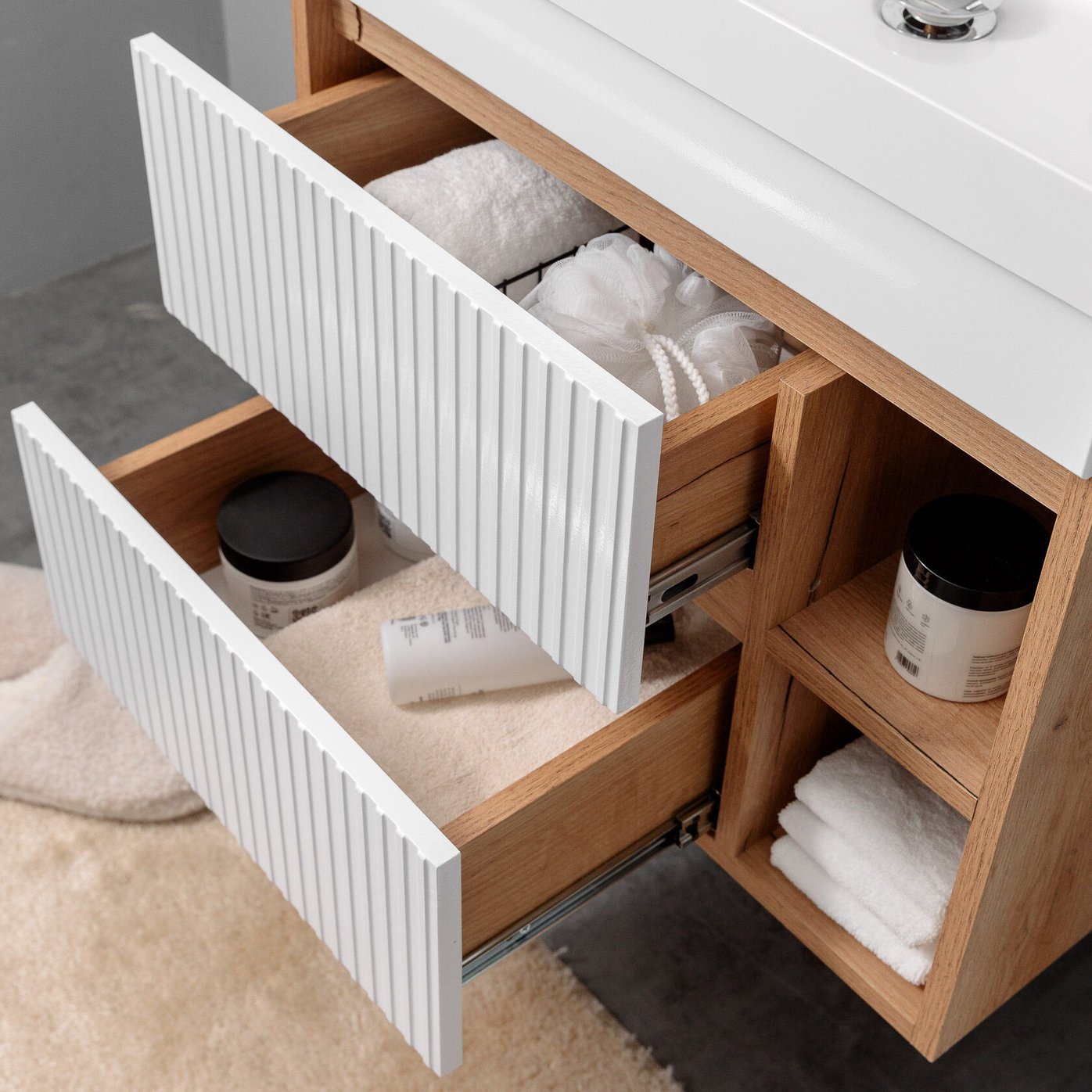 ПУРО 60 комплект, подвесной с 2 ящиками, фасад фрезерованный с нишами (под Астория), цвет Белый/Дуб крафт PU-T60-W/PW