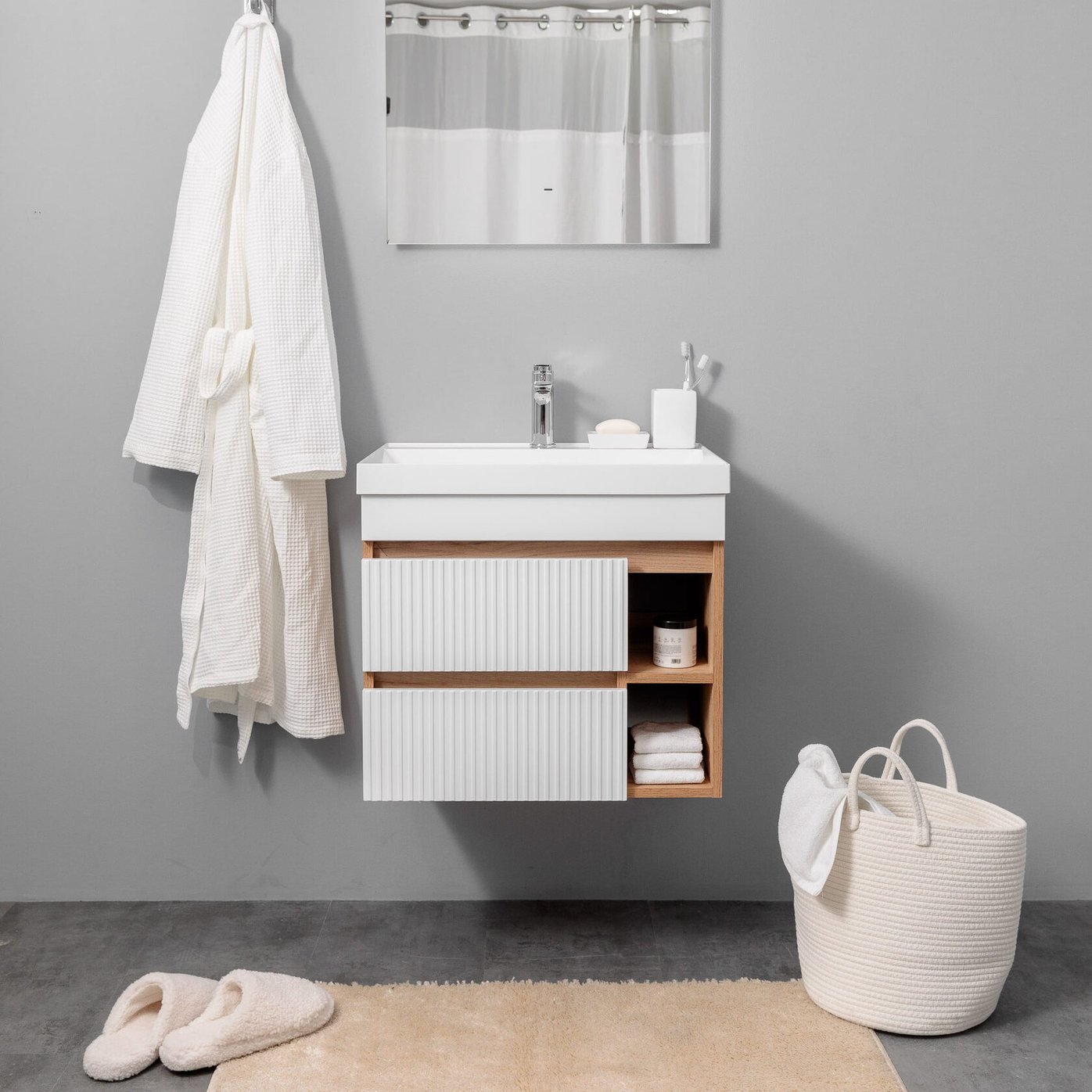 ПУРО 60 комплект, подвесной с 2 ящиками, фасад фрезерованный с нишами (под Астория), цвет Белый/Дуб крафт PU-T60-W/PW