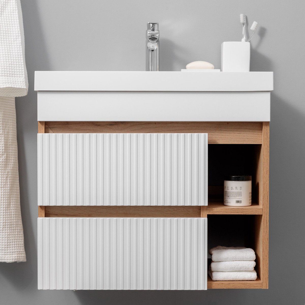 ПУРО 60 комплект, подвесной с 2 ящиками, фасад фрезерованный с нишами (под Астория), цвет Белый/Дуб крафт PU-T60-W/PW