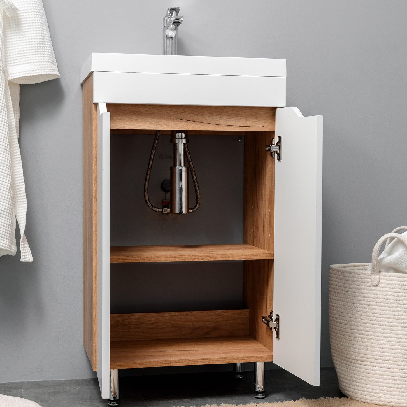 АРОНА 50 Комплект мебели напольный с вырезами на дверцах, фасад МДФ (под Слим 50/Альтаис 35), Белый+Дуб крафт золотой AR-T50-W/PW2