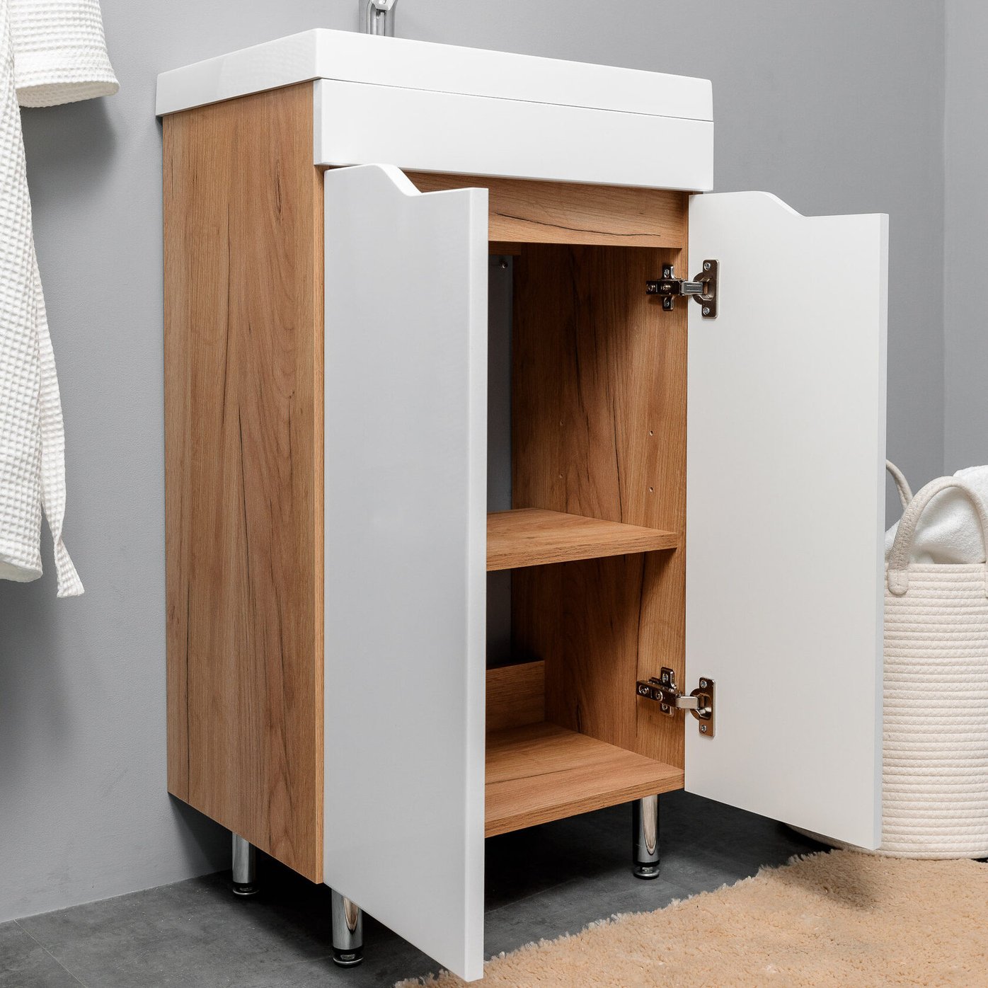 АРОНА 50 Комплект мебели напольный с вырезами на дверцах, фасад МДФ (под Слим 50/Альтаис 35), Белый+Дуб крафт золотой AR-T50-W/PW2