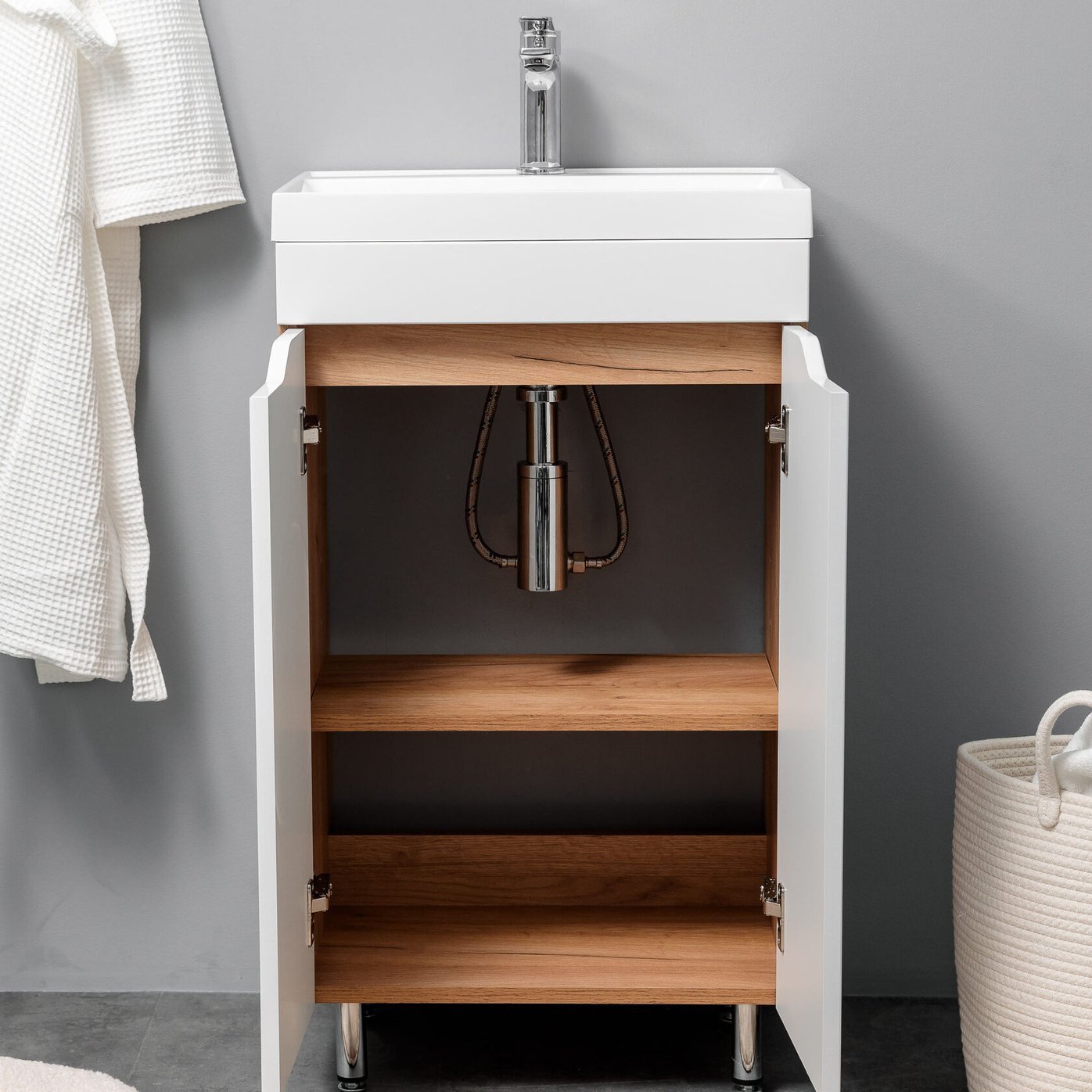 АРОНА 50 Комплект мебели напольный с вырезами на дверцах, фасад МДФ (под Слим 50/Альтаис 35), Белый+Дуб крафт золотой AR-T50-W/PW2