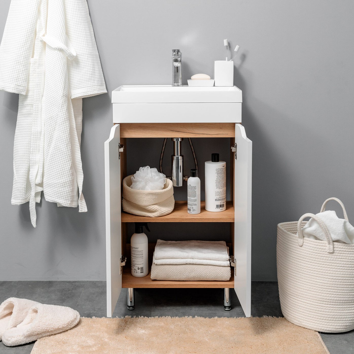 АРОНА 50 Комплект мебели напольный с вырезами на дверцах, фасад МДФ (под Слим 50/Альтаис 35), Белый+Дуб крафт золотой AR-T50-W/PW2