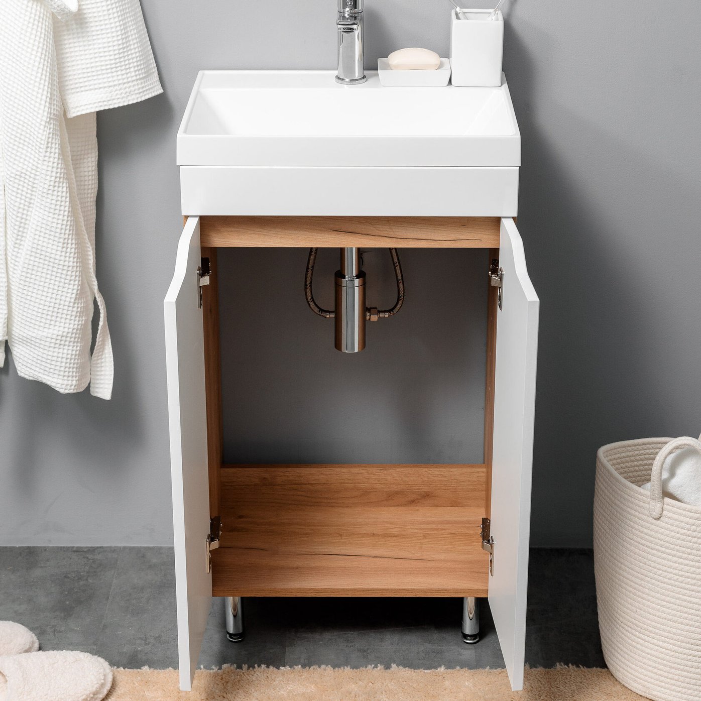 АРОНА 50 Комплект мебели напольный с вырезами на дверцах, фасад МДФ (под Слим 50/Альтаис 35), Белый+Дуб крафт золотой AR-T50-W/PW2