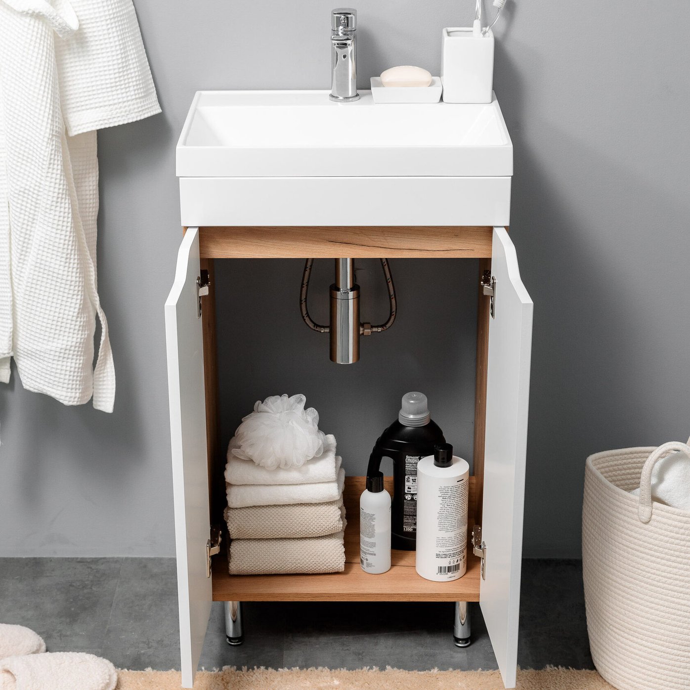 АРОНА 50 Комплект мебели напольный с вырезами на дверцах, фасад МДФ (под Слим 50/Альтаис 35), Белый+Дуб крафт золотой AR-T50-W/PW2