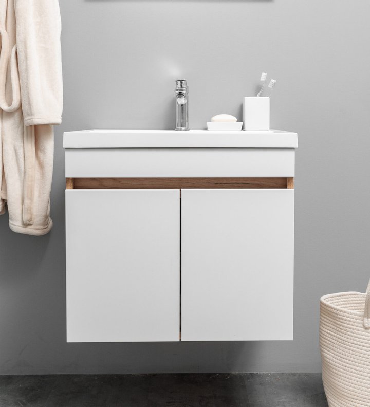 NEMI 60 комплект мебели подвесной c дверцами (тумба + умывальник Дакота 60), Белый + Дуб крафт NM-D-T60-W/KPW