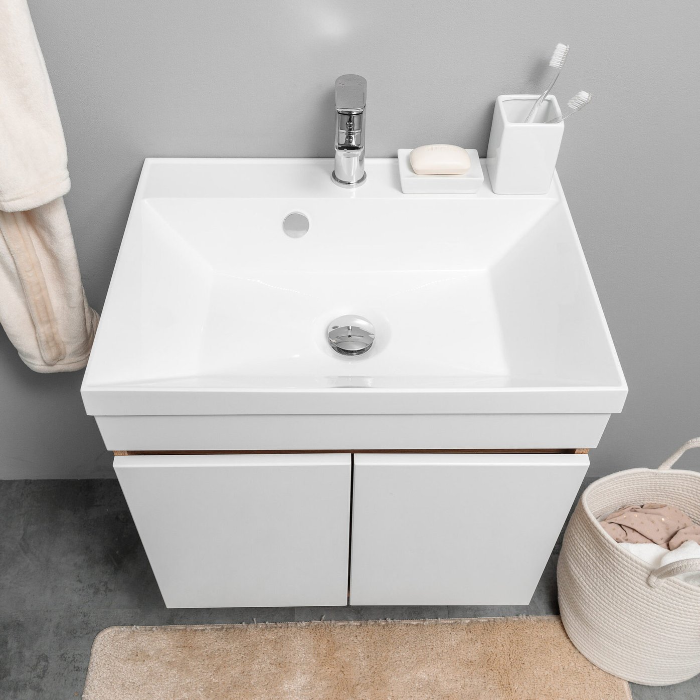 НЕМИ 60 комплект мебели подвесной c дверцами (тумба + умывальник Дакота 60), Белый + Дуб крафт NM-D-T60-W/KPW