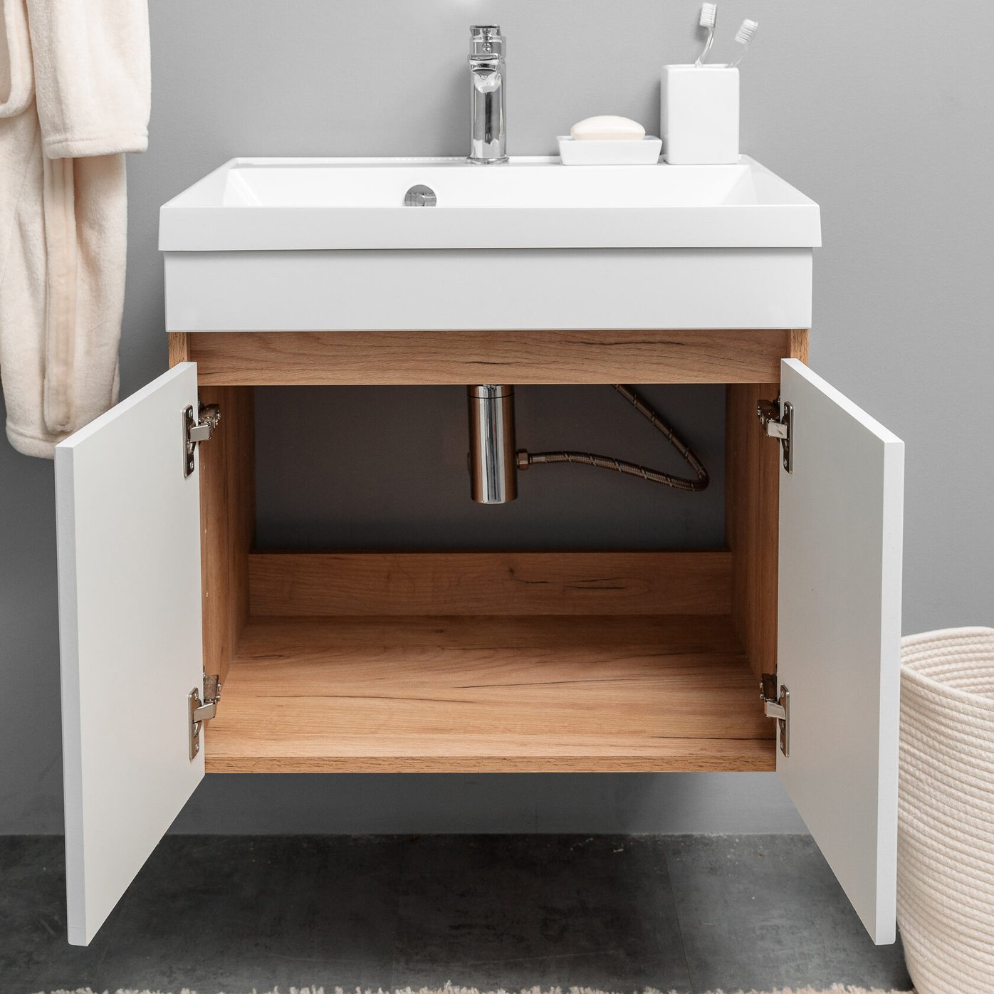 НЕМИ 60 комплект мебели подвесной c дверцами (тумба + умывальник Дакота 60), Белый + Дуб крафт NM-D-T60-W/KPW