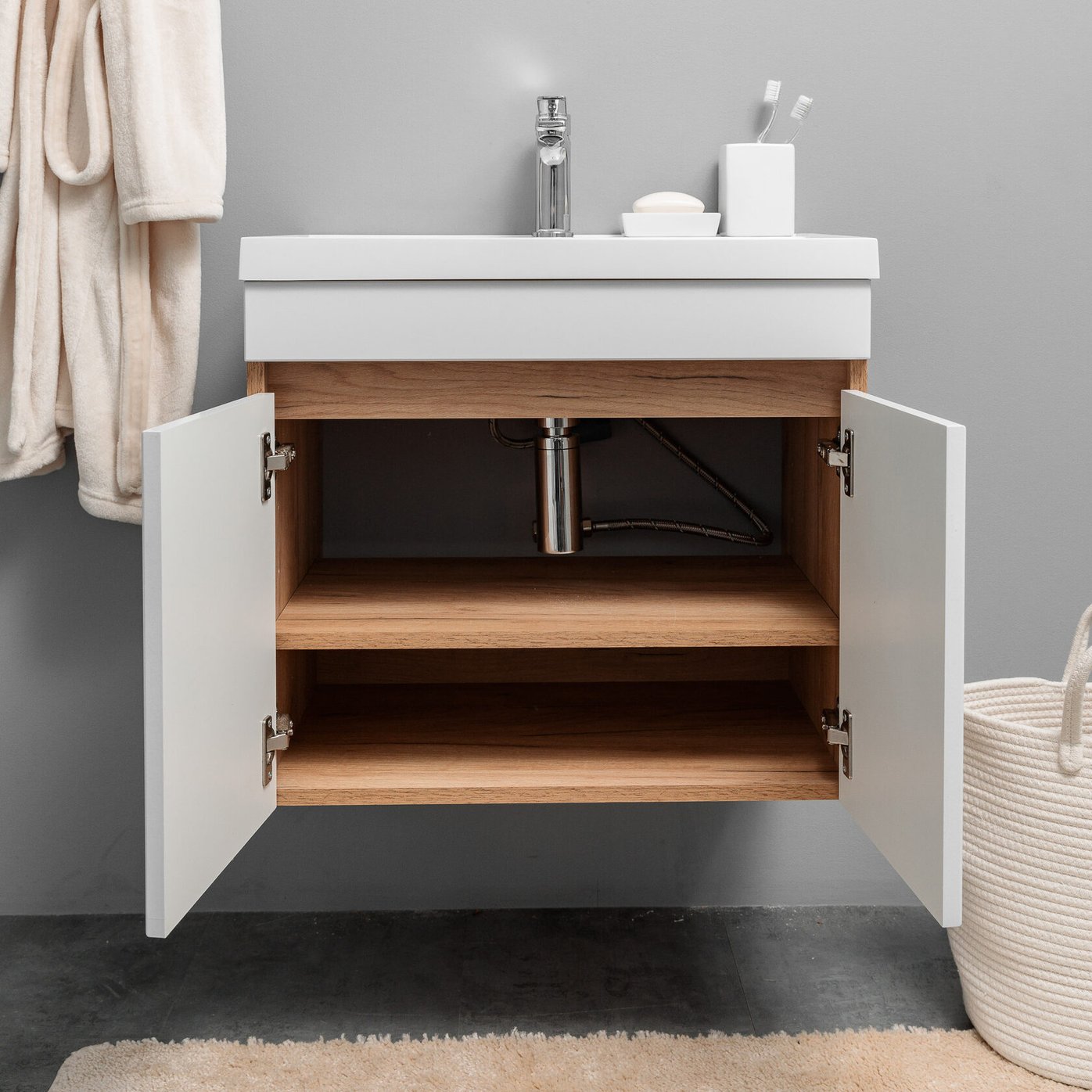 НЕМИ 60 комплект мебели подвесной c дверцами (тумба + умывальник Дакота 60), Белый + Дуб крафт NM-D-T60-W/KPW