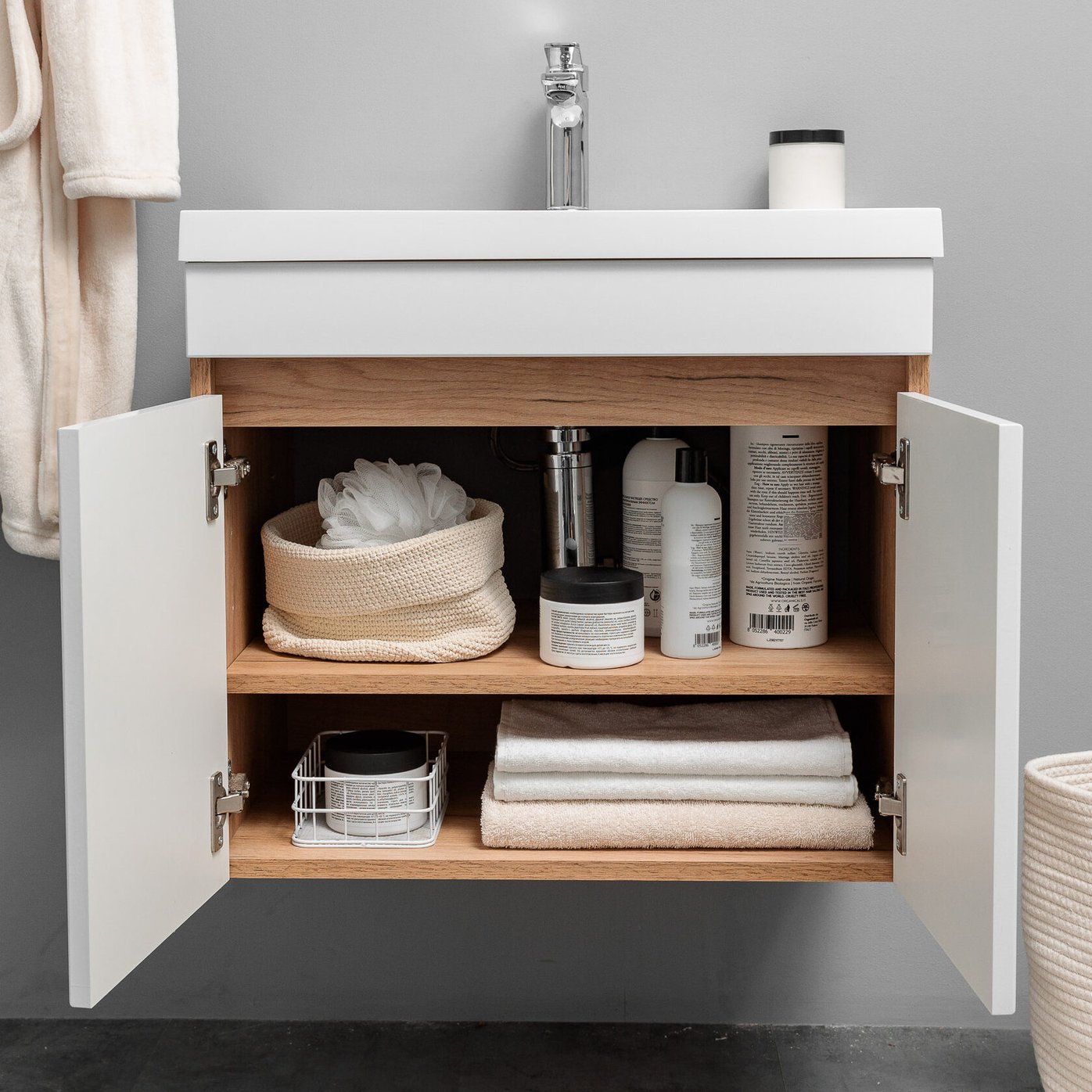 НЕМИ 60 комплект мебели подвесной c дверцами (тумба + умывальник Дакота 60), Белый + Дуб крафт NM-D-T60-W/KPW