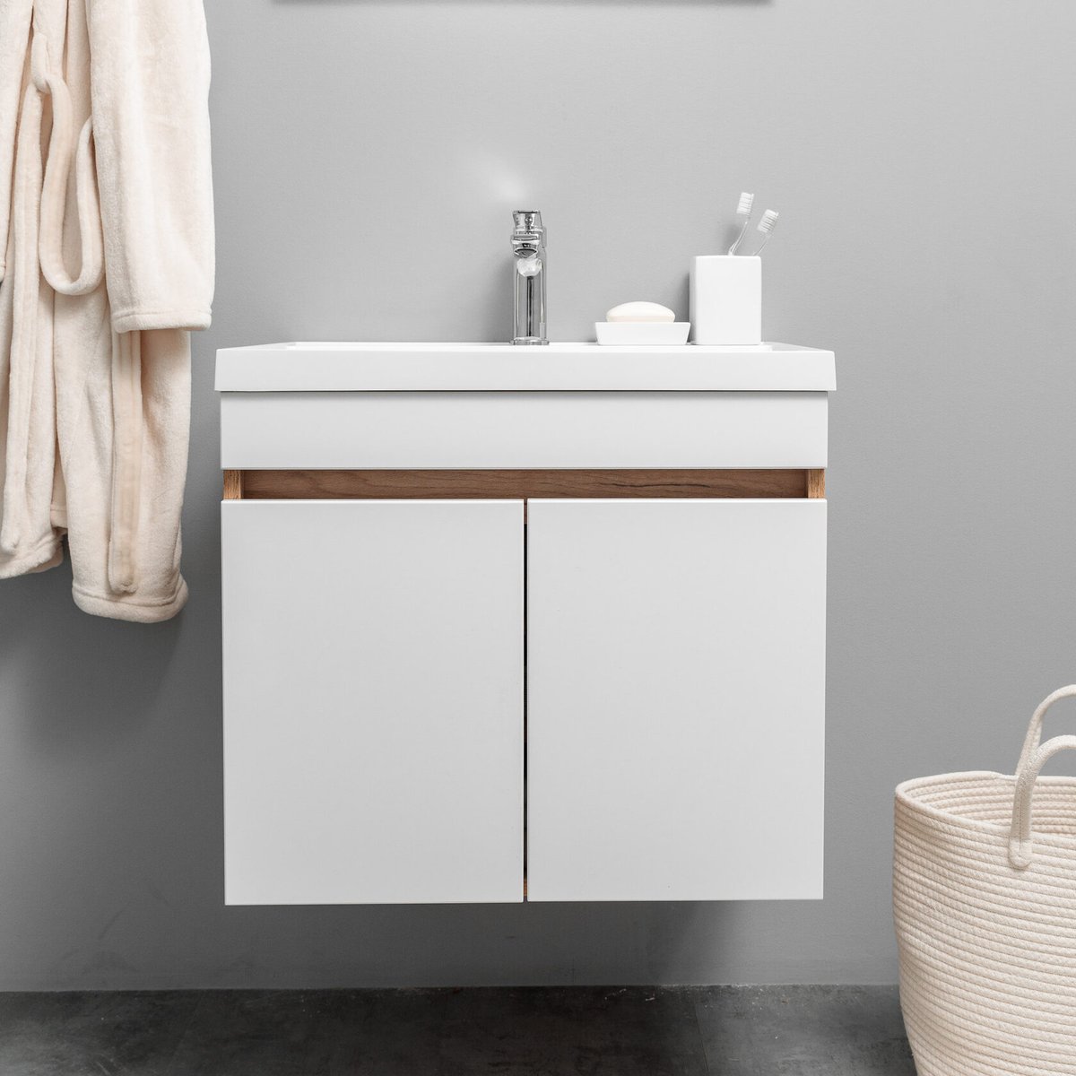 НЕМИ 60 комплект мебели подвесной c дверцами (тумба + умывальник Дакота 60), Белый + Дуб крафт NM-D-T60-W/KPW