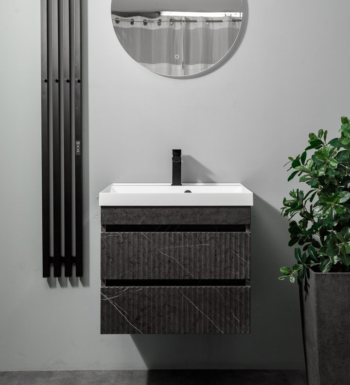 SCANNO 60 Комплект мебели подвесной, 2 ящика (фрезеровка) с раковиной Дакота, Черный мрамор SC-T60-BlMr