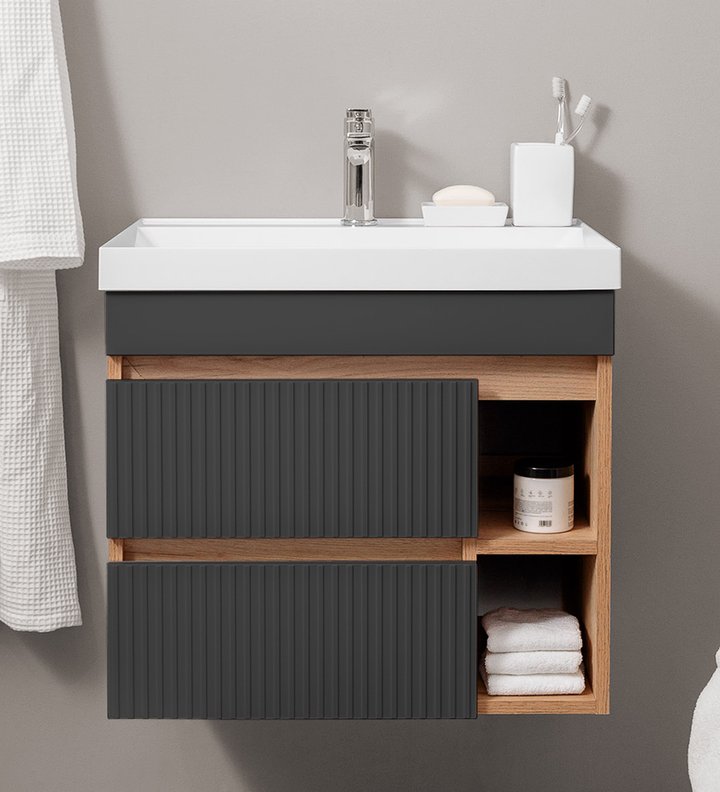 Puro 60 комплект, подвесной с 2 ящиками, фасад фрезерованный с нишами (под Астория, цвет Графит/Крафт PU-T60-GR/PW