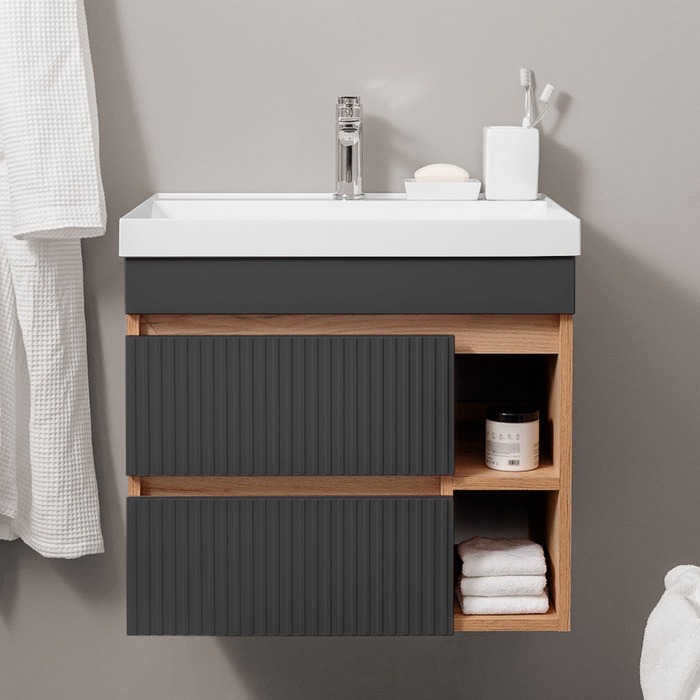 ПУРО 60 комплект, подвесной с 2 ящиками, фасад фрезерованный с нишами (под Астория, цвет Графит/Крафт PU-T60-GR/PW