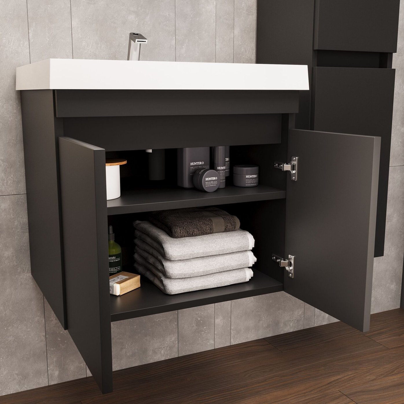 ИЗЕО 60 комплект мебели подвесной c дверцами (тумба + умывальник Дакота 60), цвет Черный, шагрень 