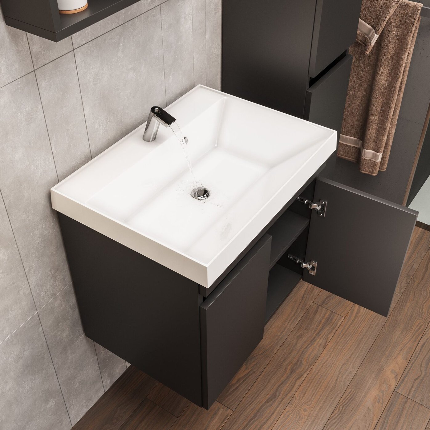 ИЗЕО 60 комплект мебели подвесной c дверцами (тумба + умывальник Дакота 60), цвет Черный, шагрень 