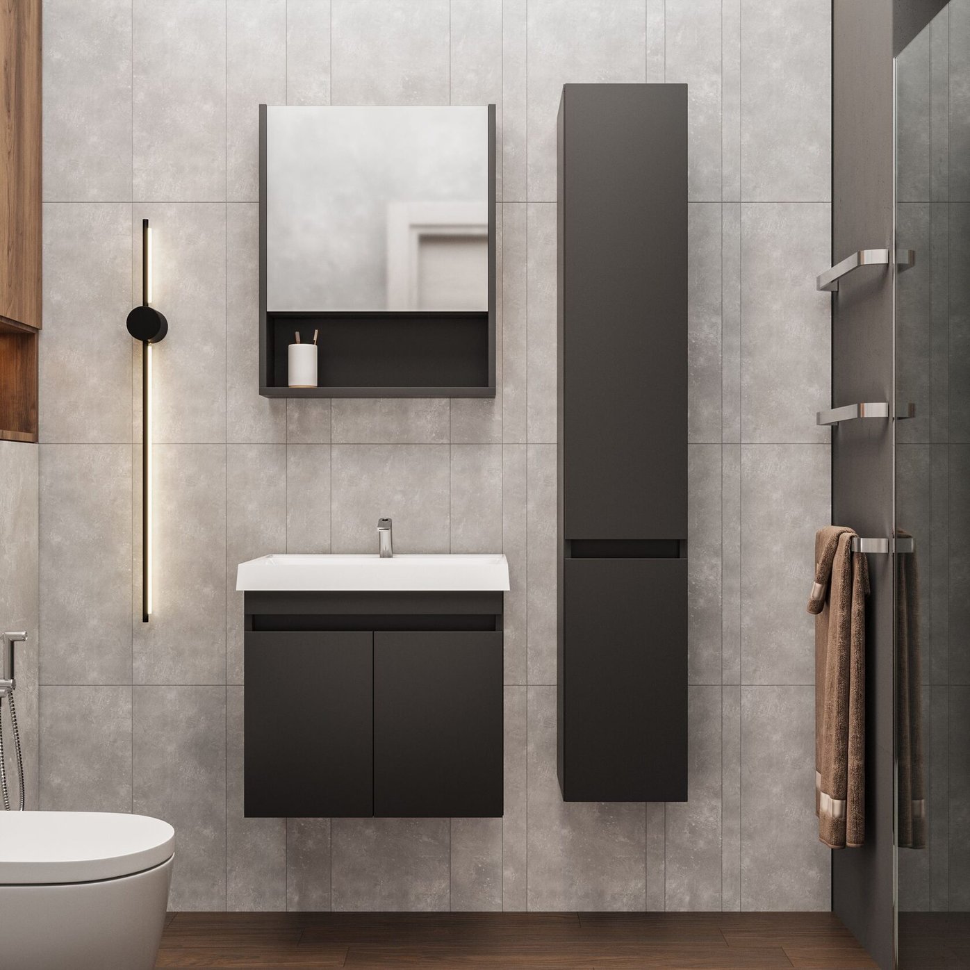 ИЗЕО 60 комплект мебели подвесной c дверцами (тумба + умывальник Дакота 60), цвет Черный, шагрень 