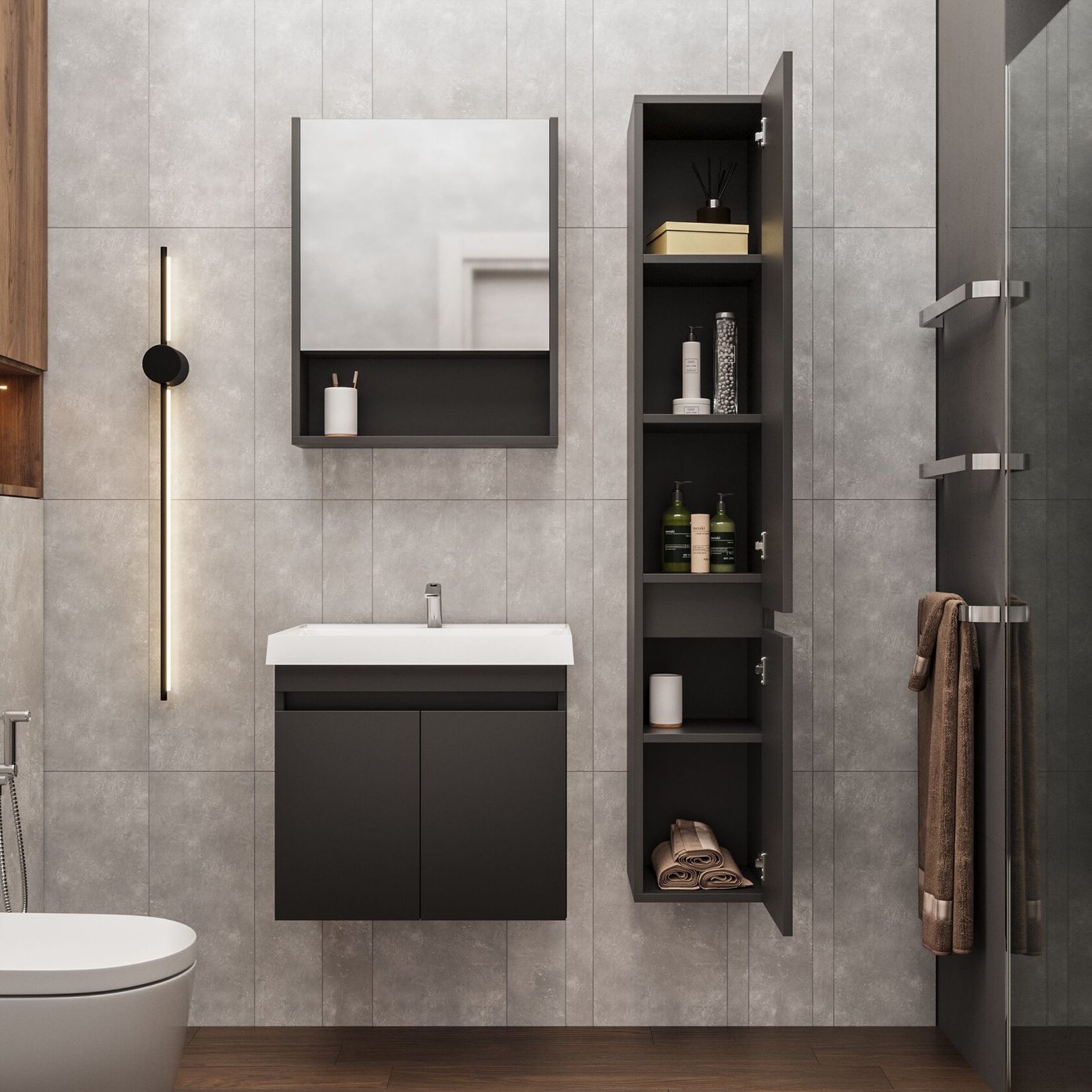 ИЗЕО 60 комплект мебели подвесной c дверцами (тумба + умывальник Дакота 60), цвет Черный, шагрень 