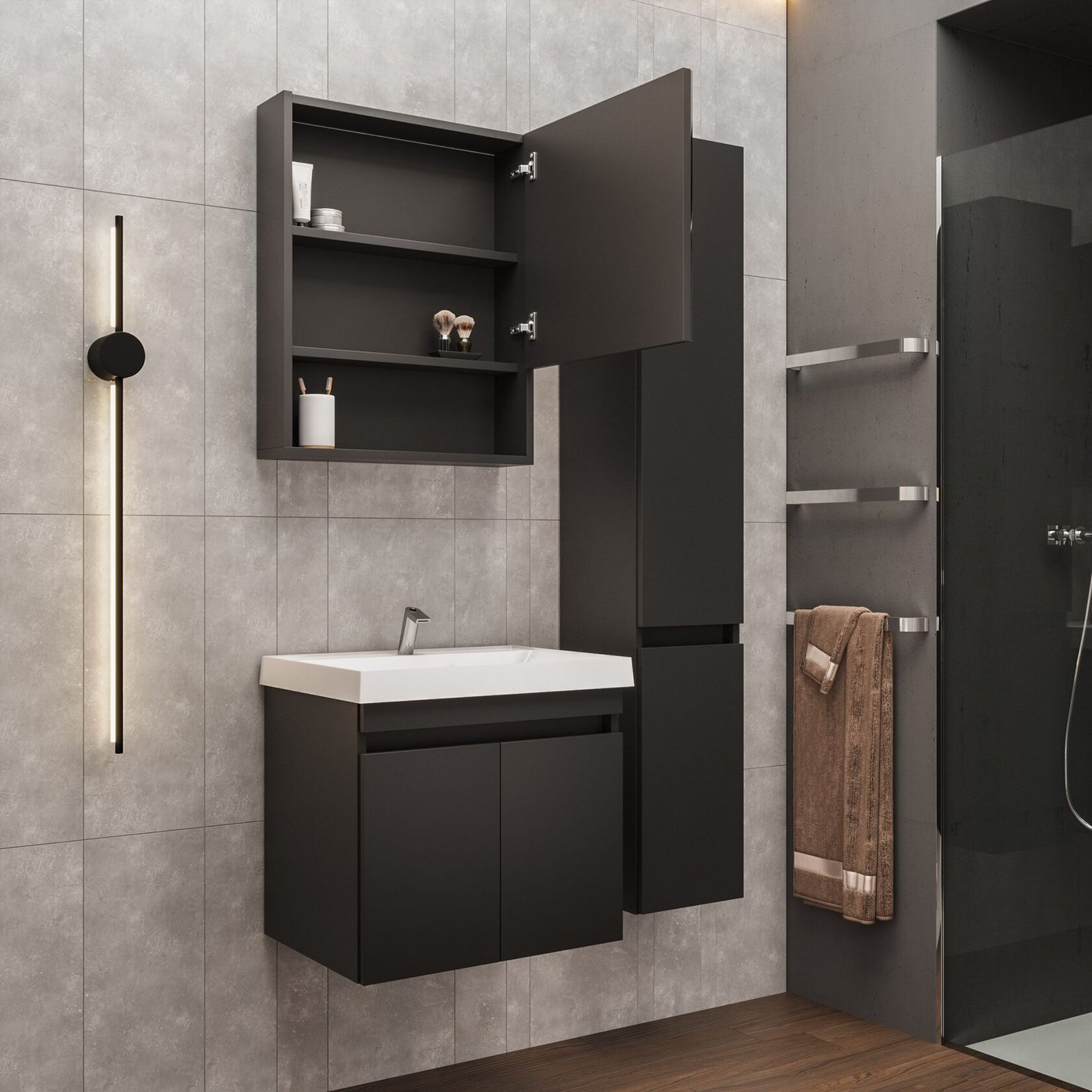 ИЗЕО 60 комплект мебели подвесной c дверцами (тумба + умывальник Дакота 60), цвет Черный, шагрень 