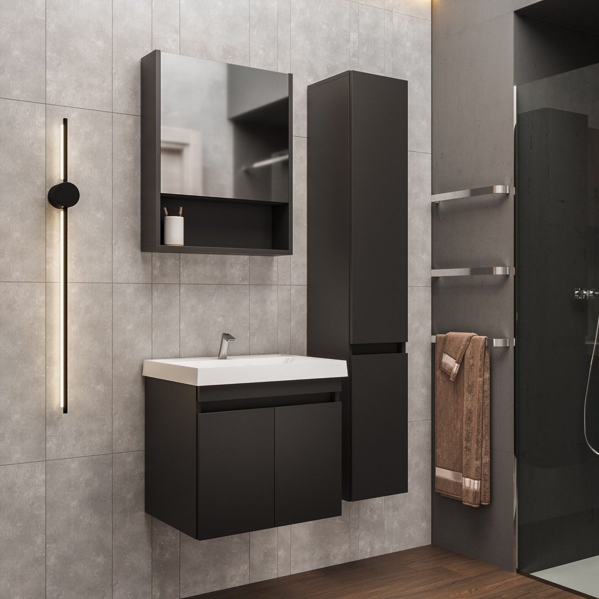 ИЗЕО 60 комплект мебели подвесной c дверцами (тумба + умывальник Дакота 60), цвет Черный, шагрень 