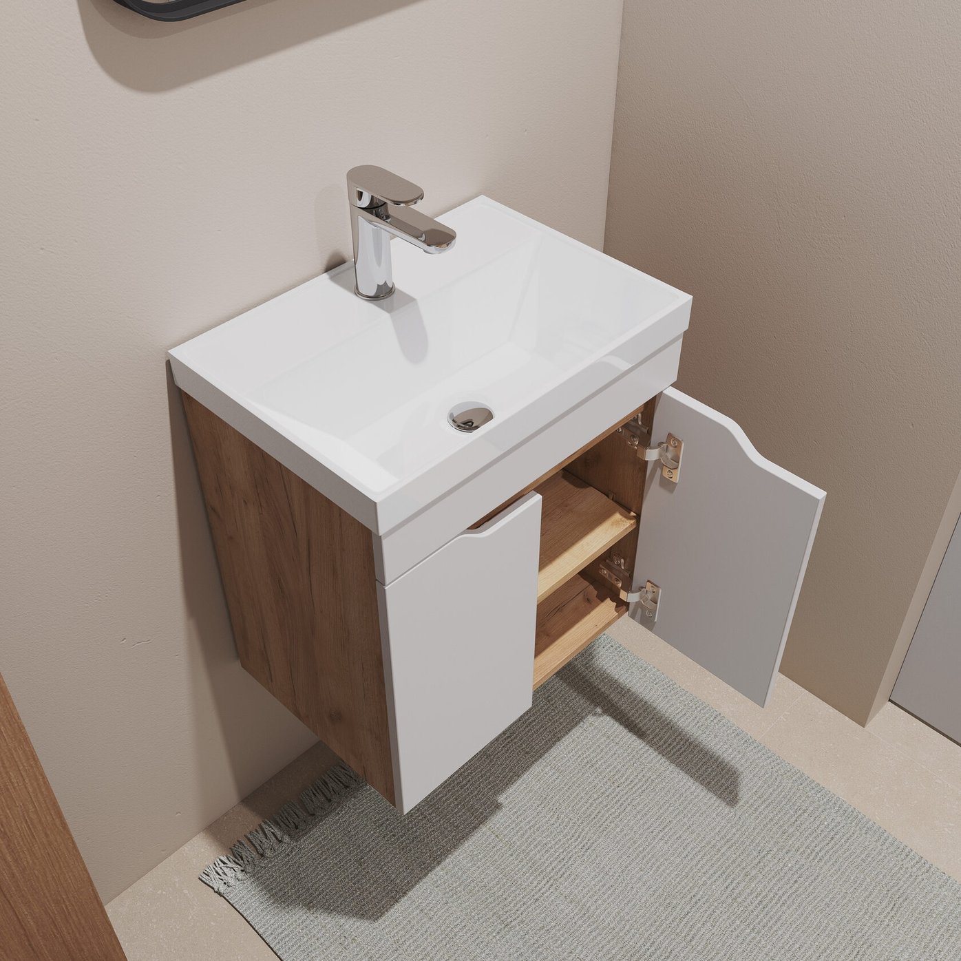 АРОНА 50 Комплект мебели подвесной, 2 дверцы с вырезами (под Слим 50/Альтаис 35), Белый/Дуб крафт AR-T50-W/PW