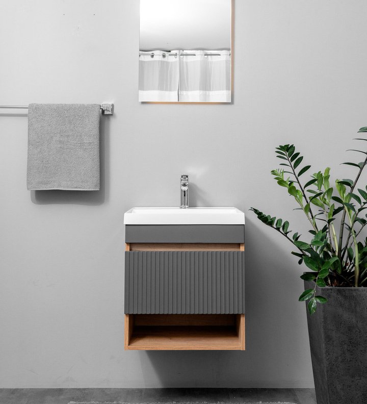 Fresco 50 комплект мебели подвесной c ящиком МДФ, ниша внизу (под Слим 50/Altais 35), цвет Графит+Дуб крафт Fr-T50FrGR/PWdr