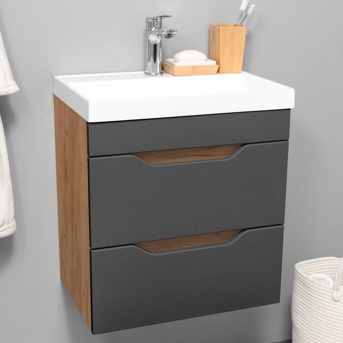 АРОНА 50 Комплект мебели подвесной с ящиками, фасад МДФ с вырезами (под Слим 50/Альтаис 35), Графит+Крафт AR-T50-KPW/GRdr