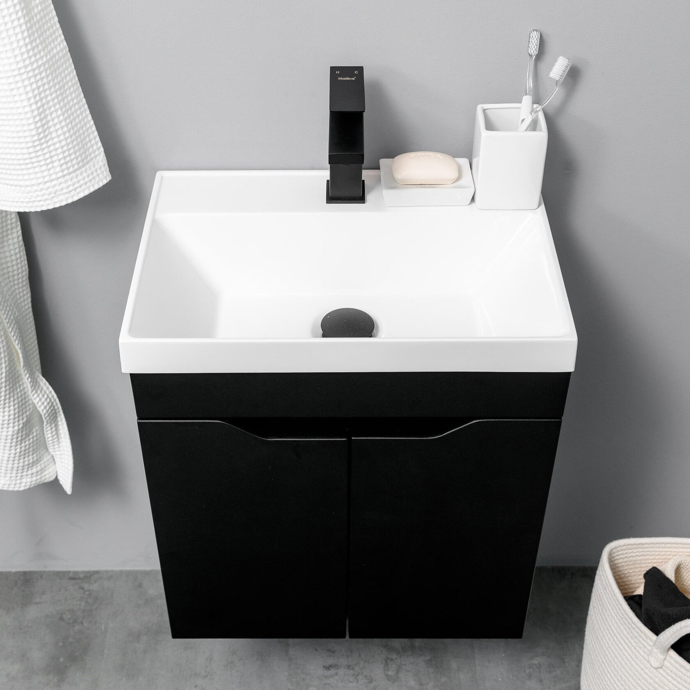 АРОНА 50 Комплект мебели подвесной с дверцами, фасад МДФ с вырезами (под Слим 50/Альтаис 35), Черный AR-T50-Bl