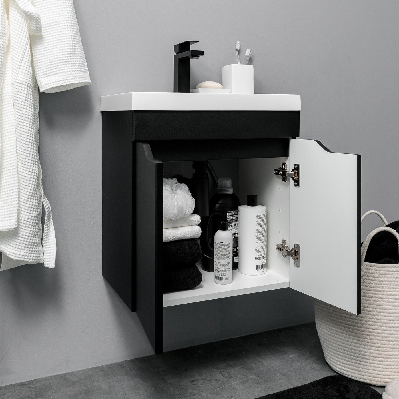 АРОНА 50 Комплект мебели подвесной с дверцами, фасад МДФ с вырезами (под Слим 50/Альтаис 35), Черный AR-T50-Bl