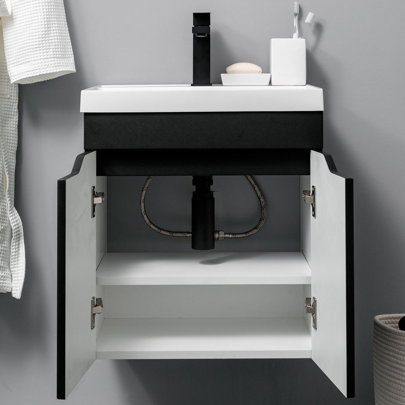 АРОНА 50 Комплект мебели подвесной с дверцами, фасад МДФ с вырезами (под Слим 50/Альтаис 35), Черный AR-T50-Bl